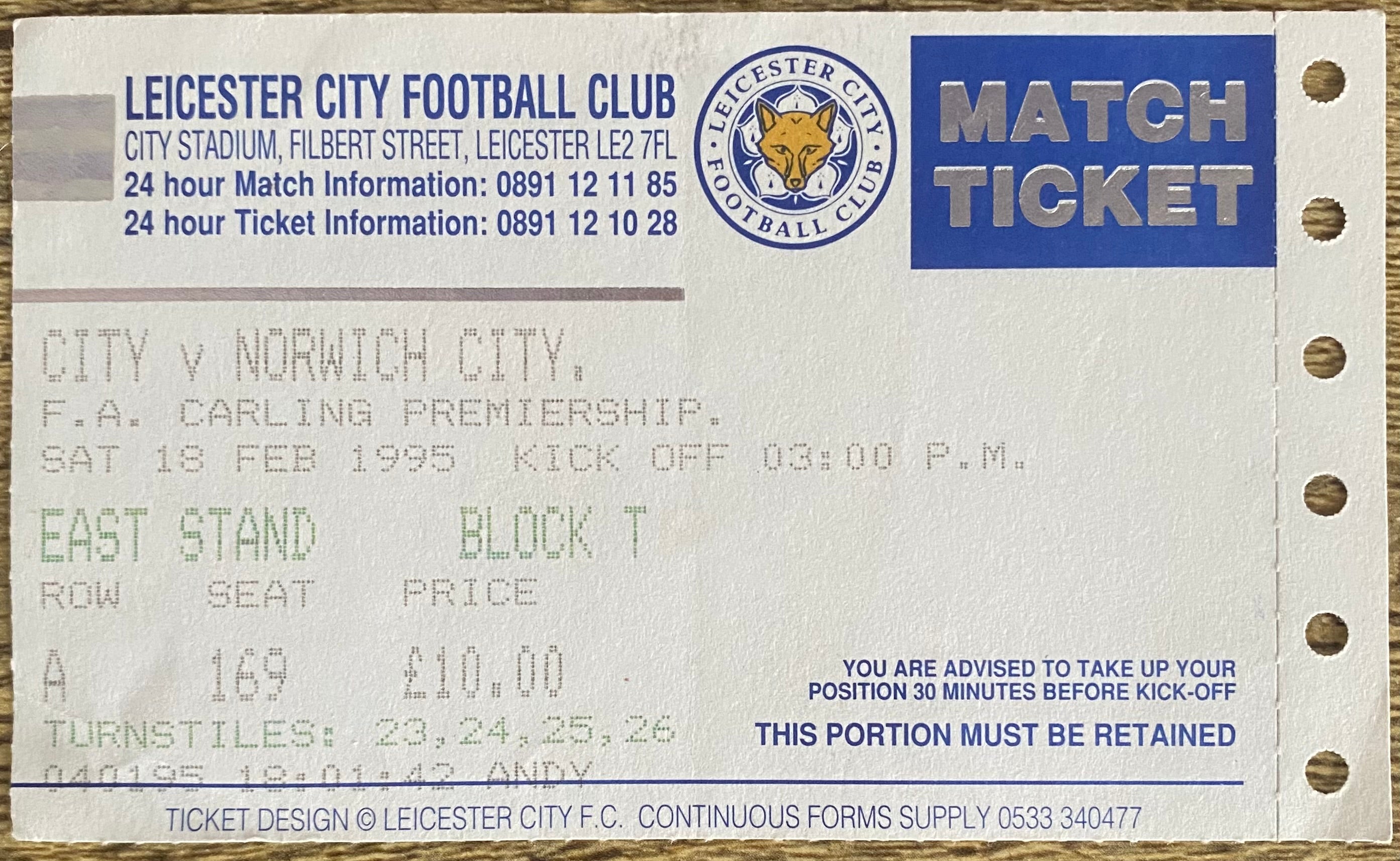 1994/95 ORIGINAL FA PREMIERSHIP TICKET LEICESTER CITY V NORWICH CITY