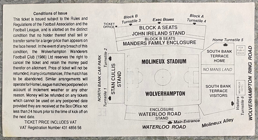 1992/93 ORIGINAL DIVISION 1 TICKET WOLVERHAMPTON WANDERERS V BRISTOL ROVERS