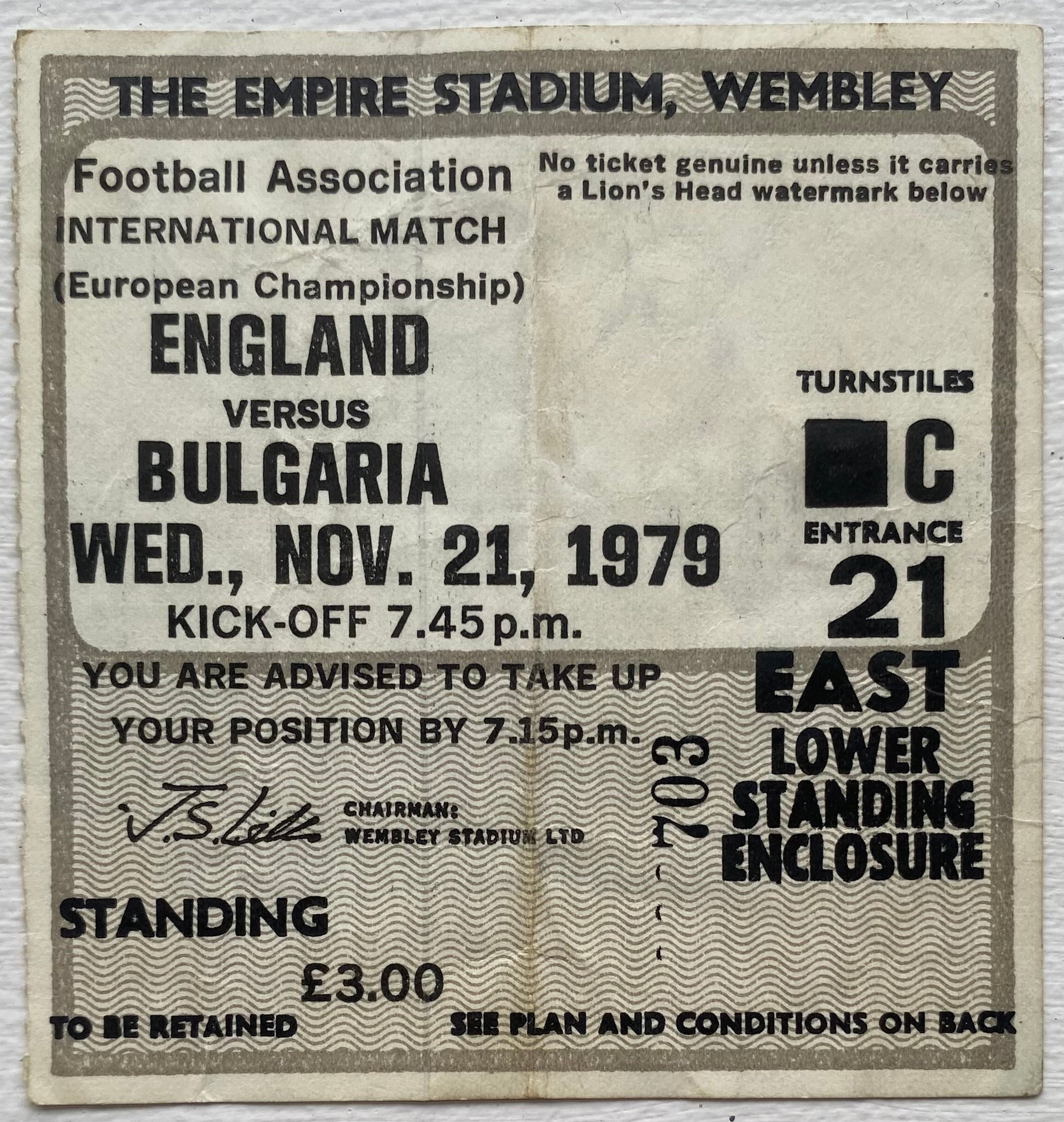 1979 ORIGINAL EUROPEAN CHAMPIONSHIPS QUALIFYING TICKET ENGLAND V BULGARIA