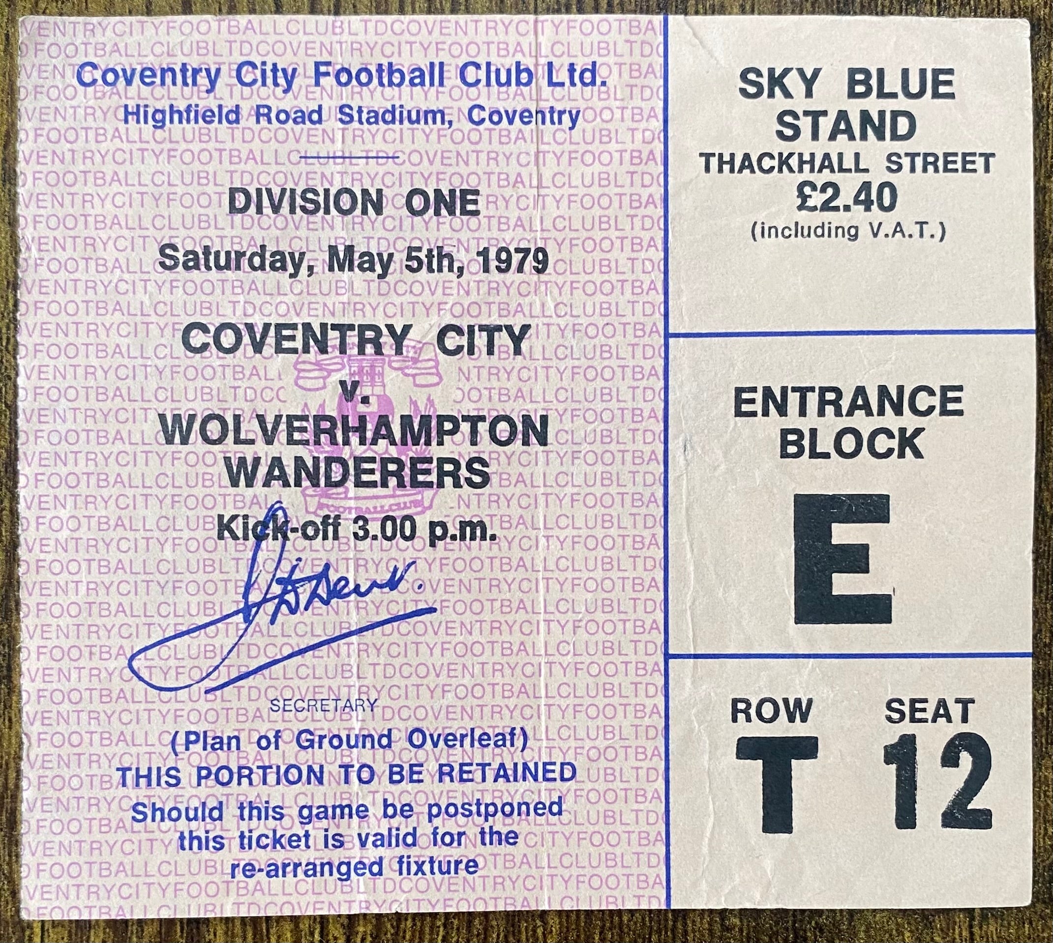 1978/79 ORIGINAL DIVISION 1 TICKET COVENTRY CITY V WOLVERHAMPTON WANDERERS