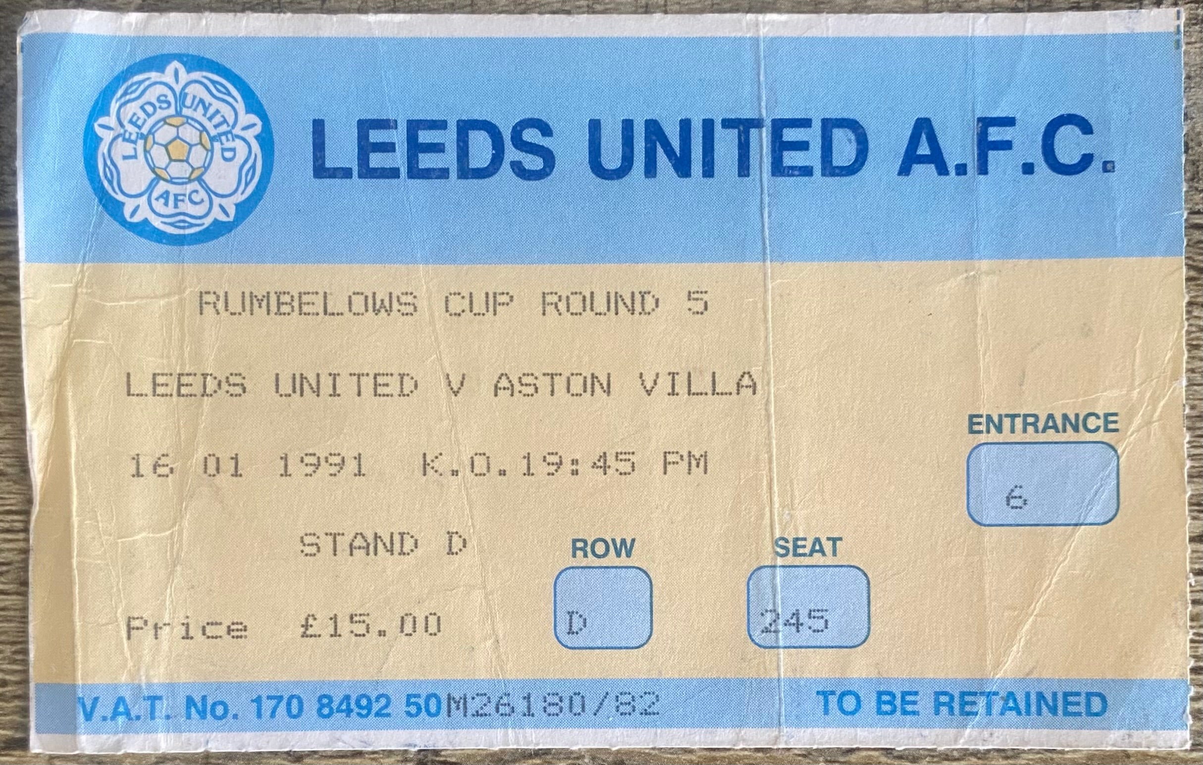 1990/91 ORIGINAL RUMBELOWS CUP 5TH ROUND TICKET LEEDS UNITED V ASTON VILLA