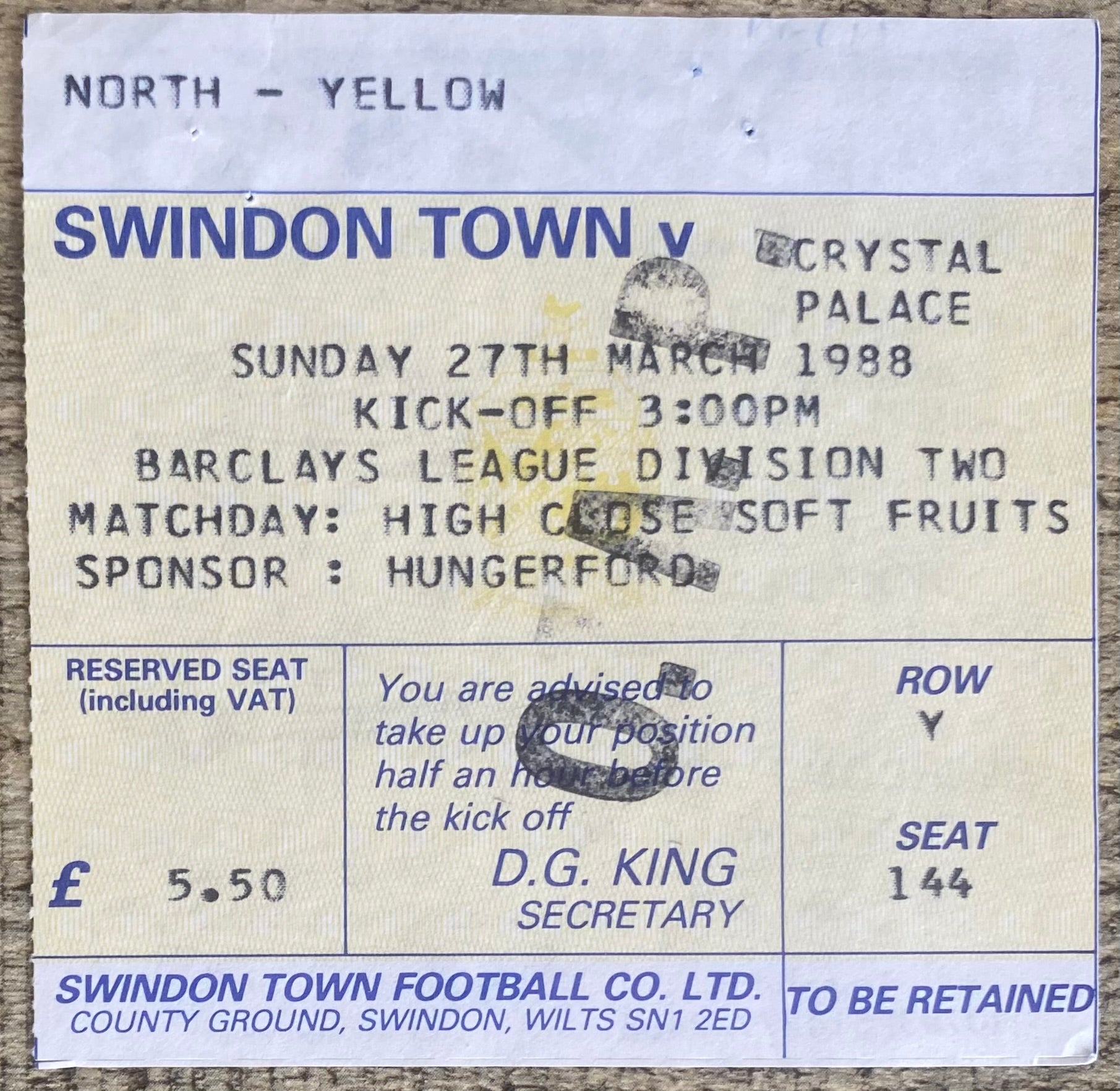 1987/88 ORIGINAL DIVISION 2 TICKET SWINDON TOWN V CRYSTAL PALACE