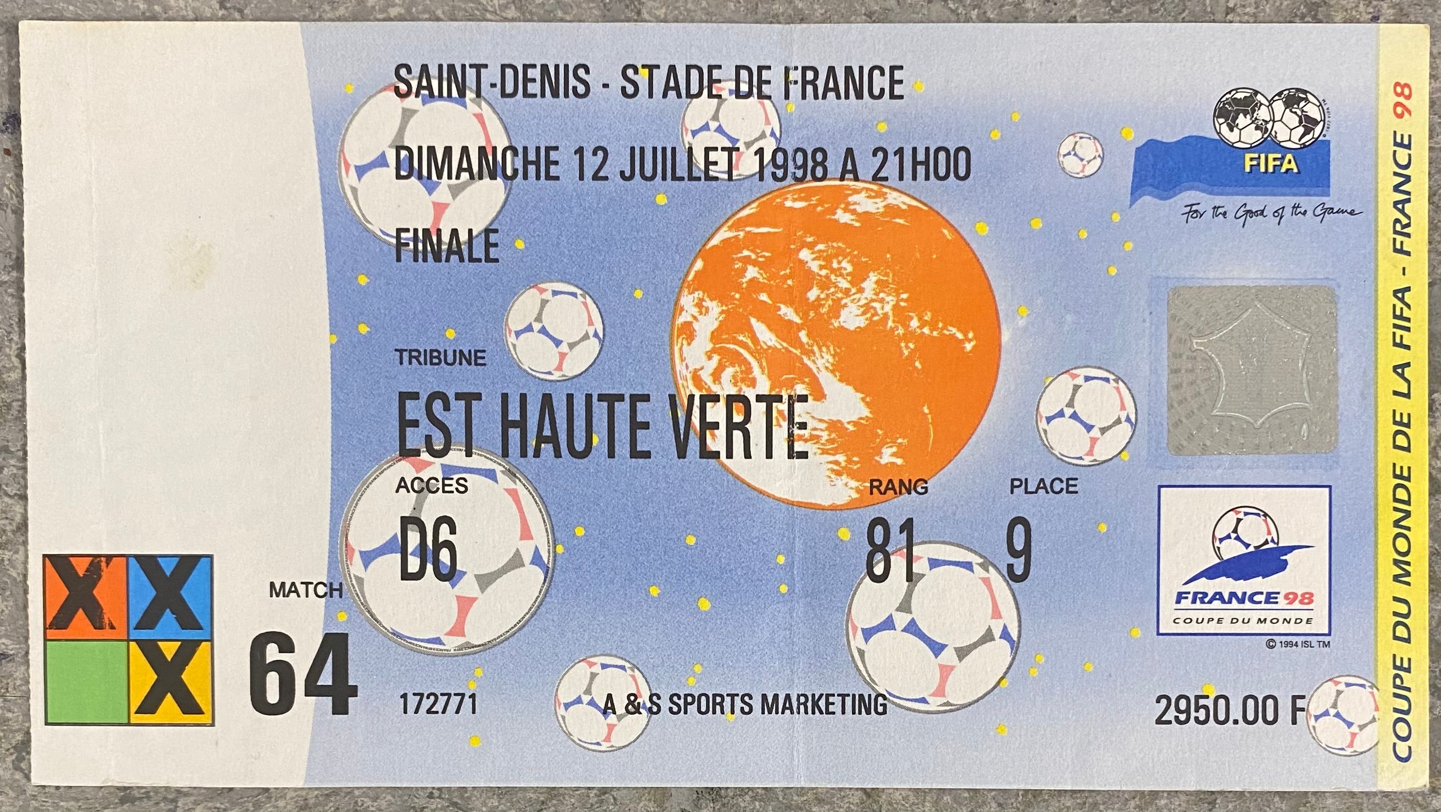 1998 ORIGINAL WORLD CUP FINAL TICKET FRANCE V BRAZIL @ PARIS
