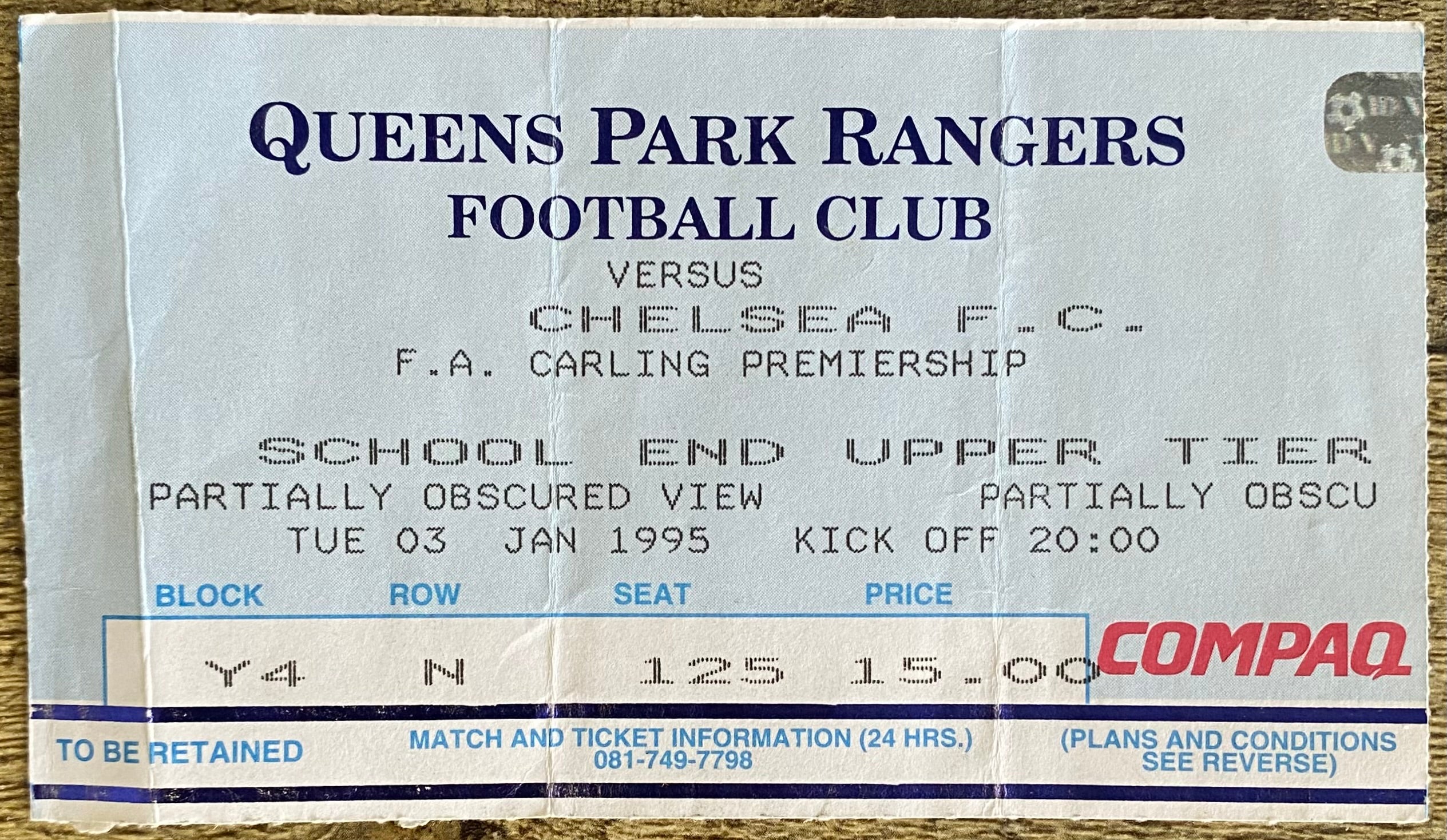 1994/95 ORIGINAL FA PREMIERSHIP TICKET QUEENS PARK RANGERS V CHELSEA