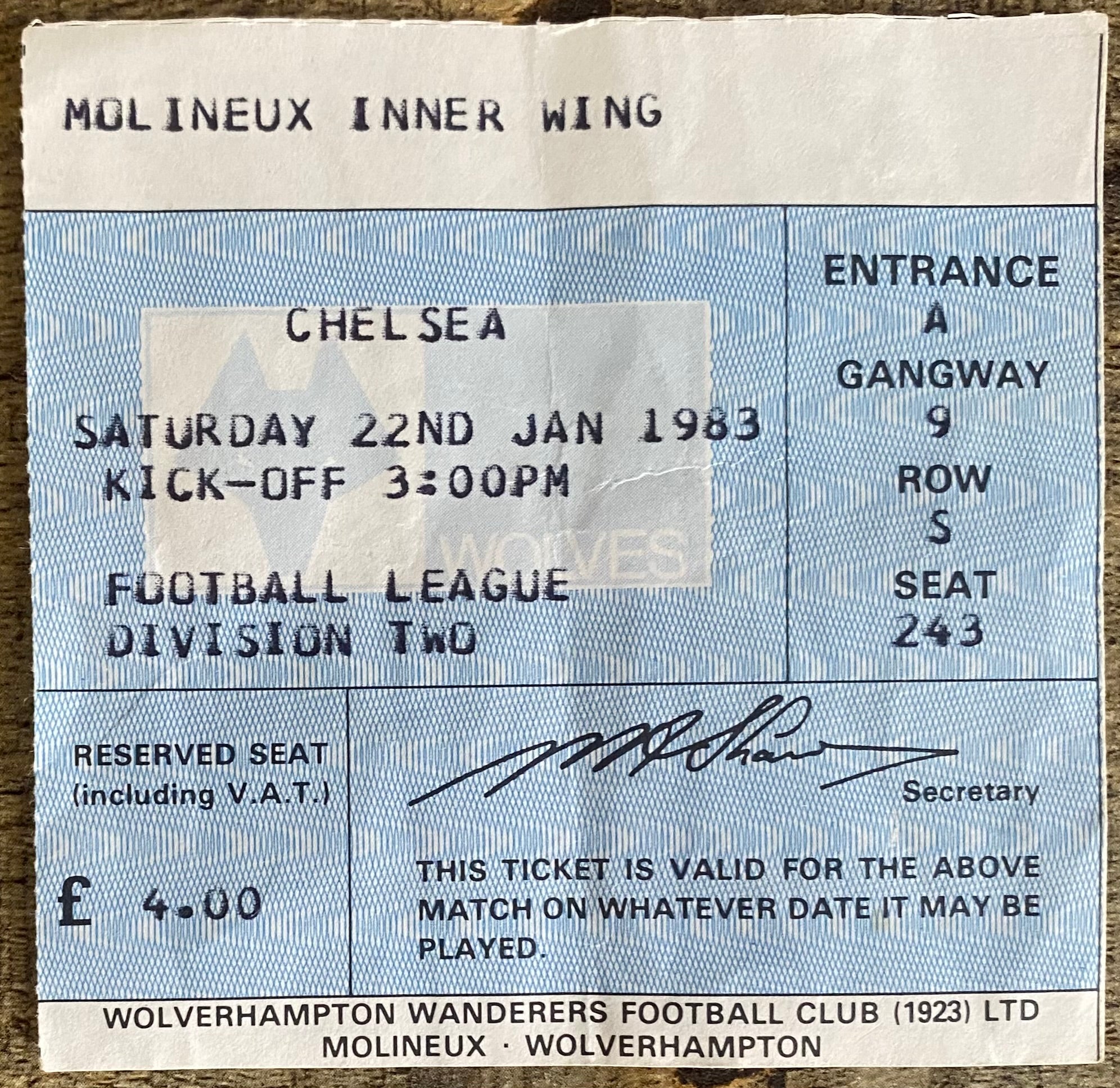 1982/83 ORIGINAL DIVISION 2 TICKET WOLVERHAMPTON WANDERERS V CHELSEA