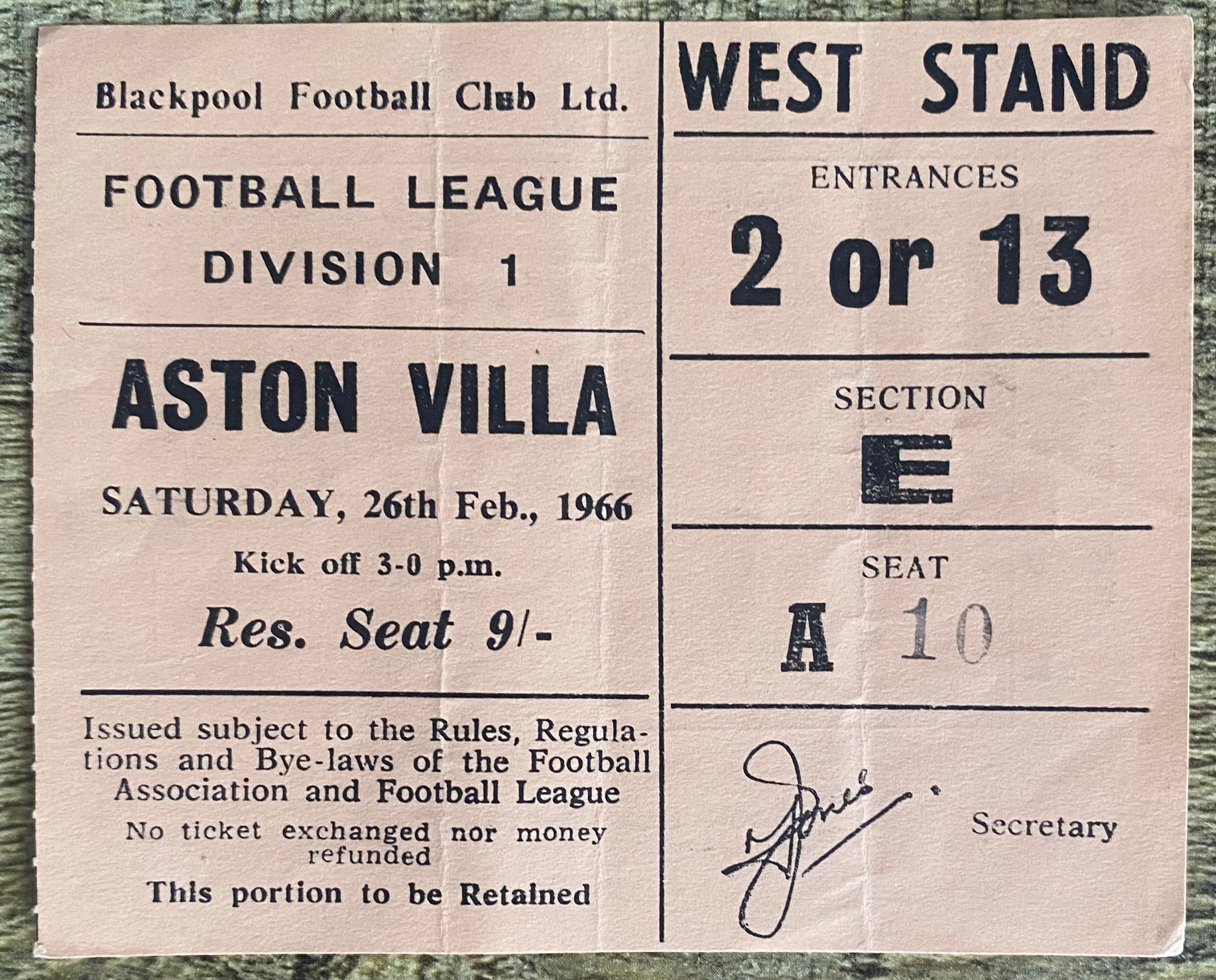 1965/66 ORIGINAL DIVISION 1 TICKET BLACKPOOL V ASTON VILLA