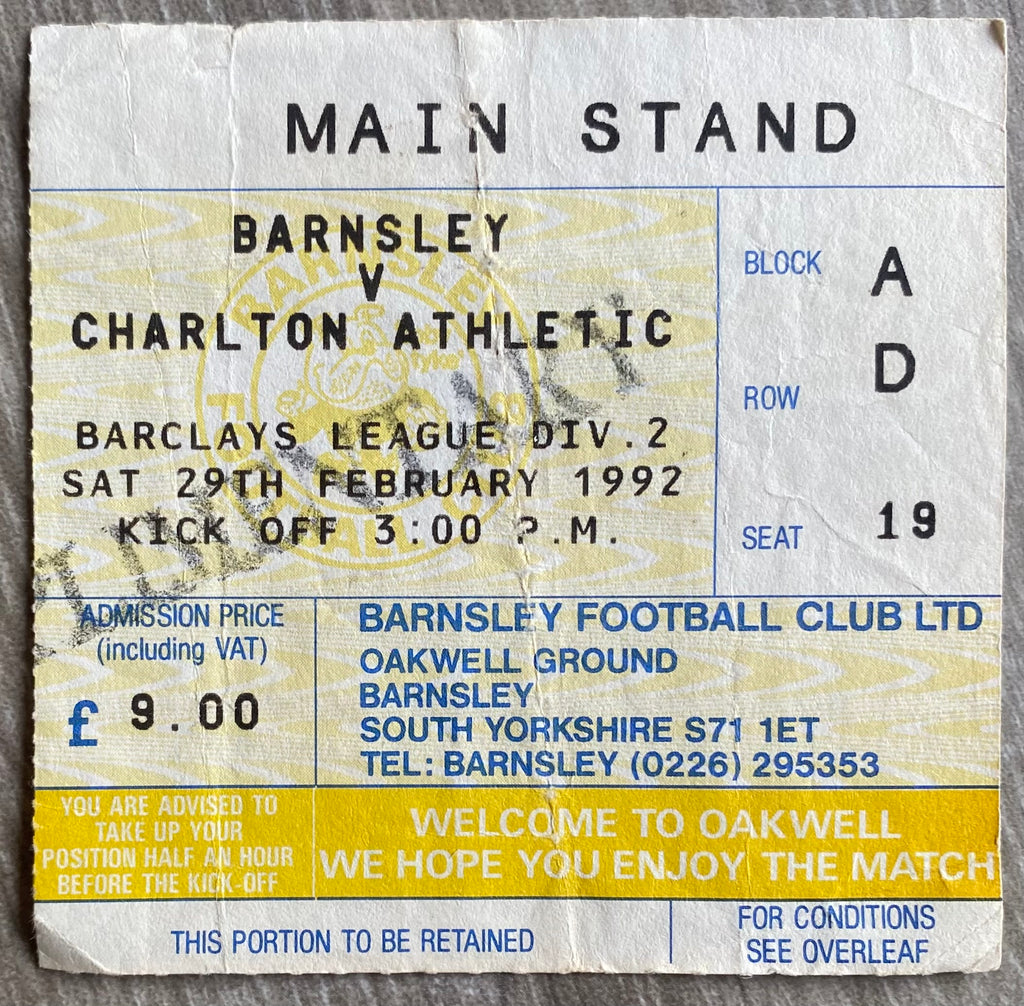 1991/92 ORIGINAL DIVISION 2 TICKET BARNSLEY V CHARLTON ATHLETIC