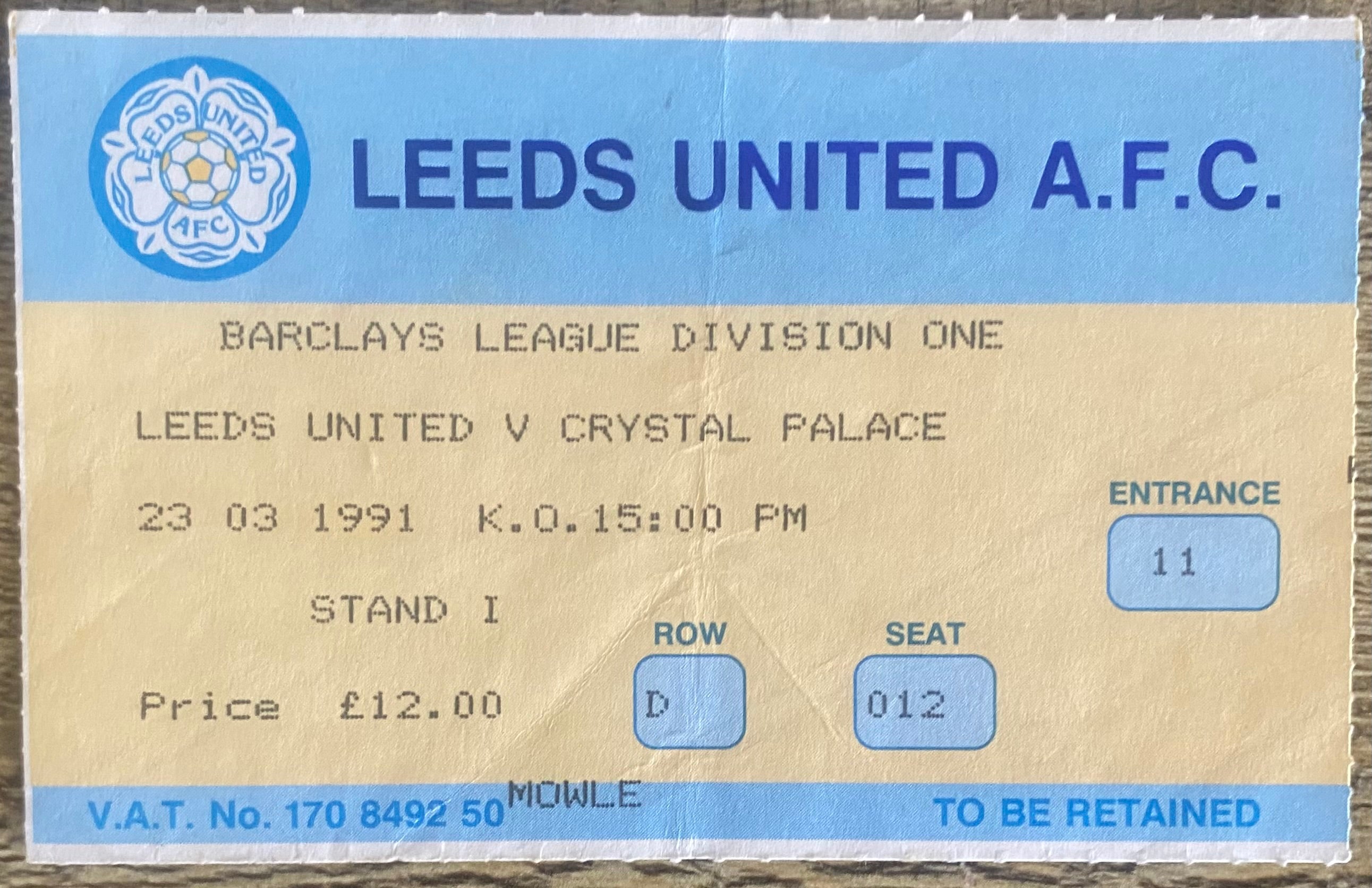 1990/91 ORIGINAL DIVISION 1 TICKET LEEDS UNITED V CRYSTAL PALACE