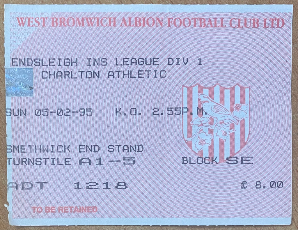 1994/95 ORIGINAL DIVISION 1 TICKET WEST BROMWICH ALBION V CHARLTON ATHLETIC