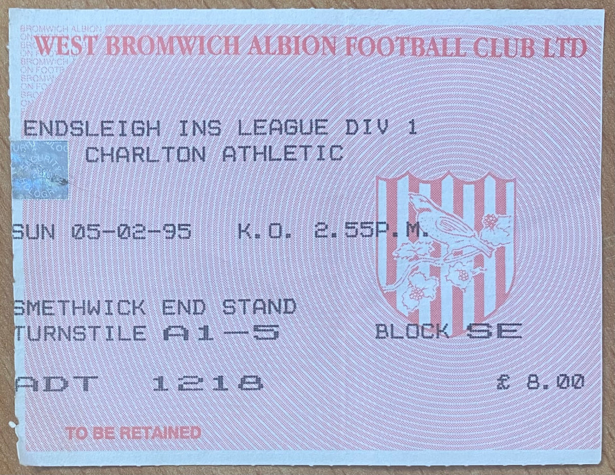 1994/95 ORIGINAL DIVISION 1 TICKET WEST BROMWICH ALBION V CHARLTON ATHLETIC