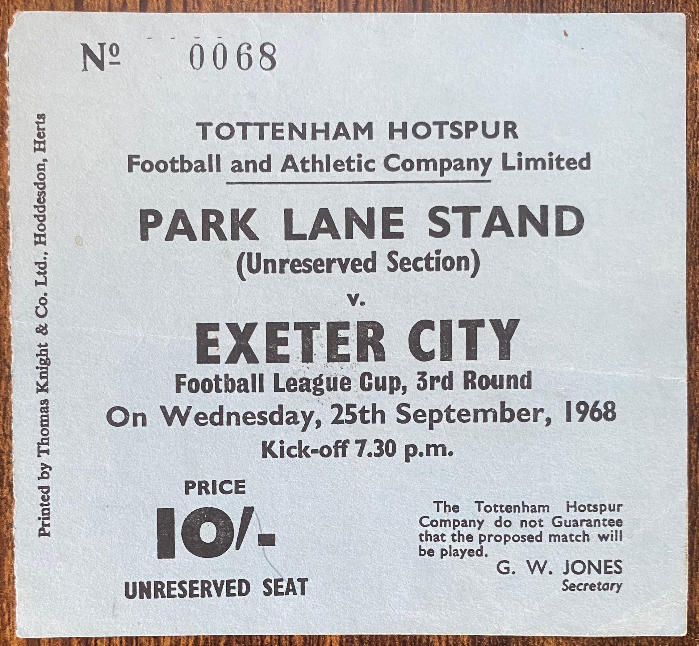 1968/69 ORIGINAL LEAGUE CUP 3RD ROUND TICKET TOTTENHAM HOTSPUR V EXETER CITY