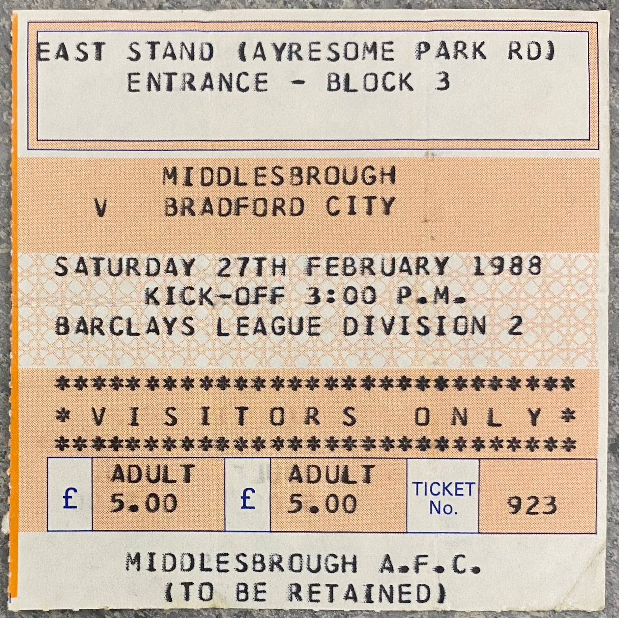 1987/88 ORIGINAL DIVISION 2 TICKET MIDDLESBROUGH V BRADFORD CITY