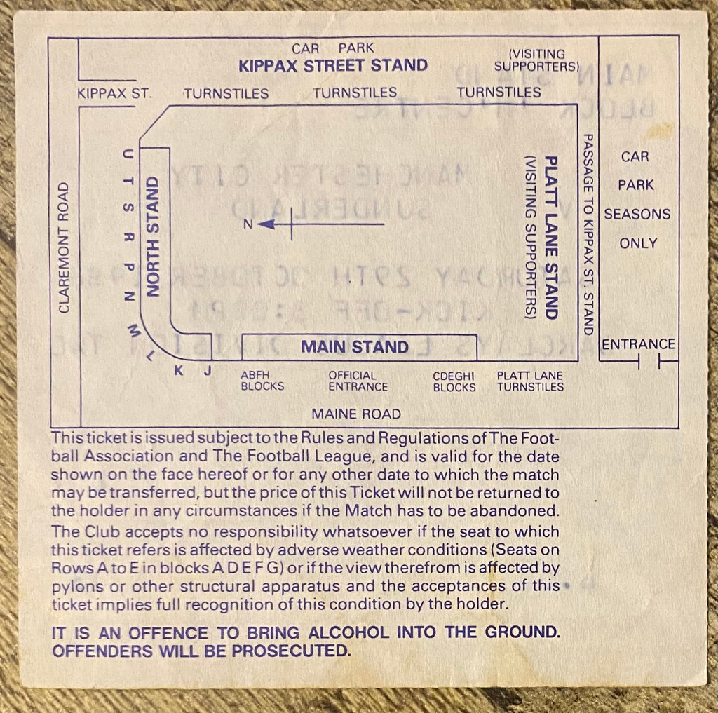1988/89 ORIGINAL DIVISION 2 TICKET MANCHESTER CITY V SUNDERLAND