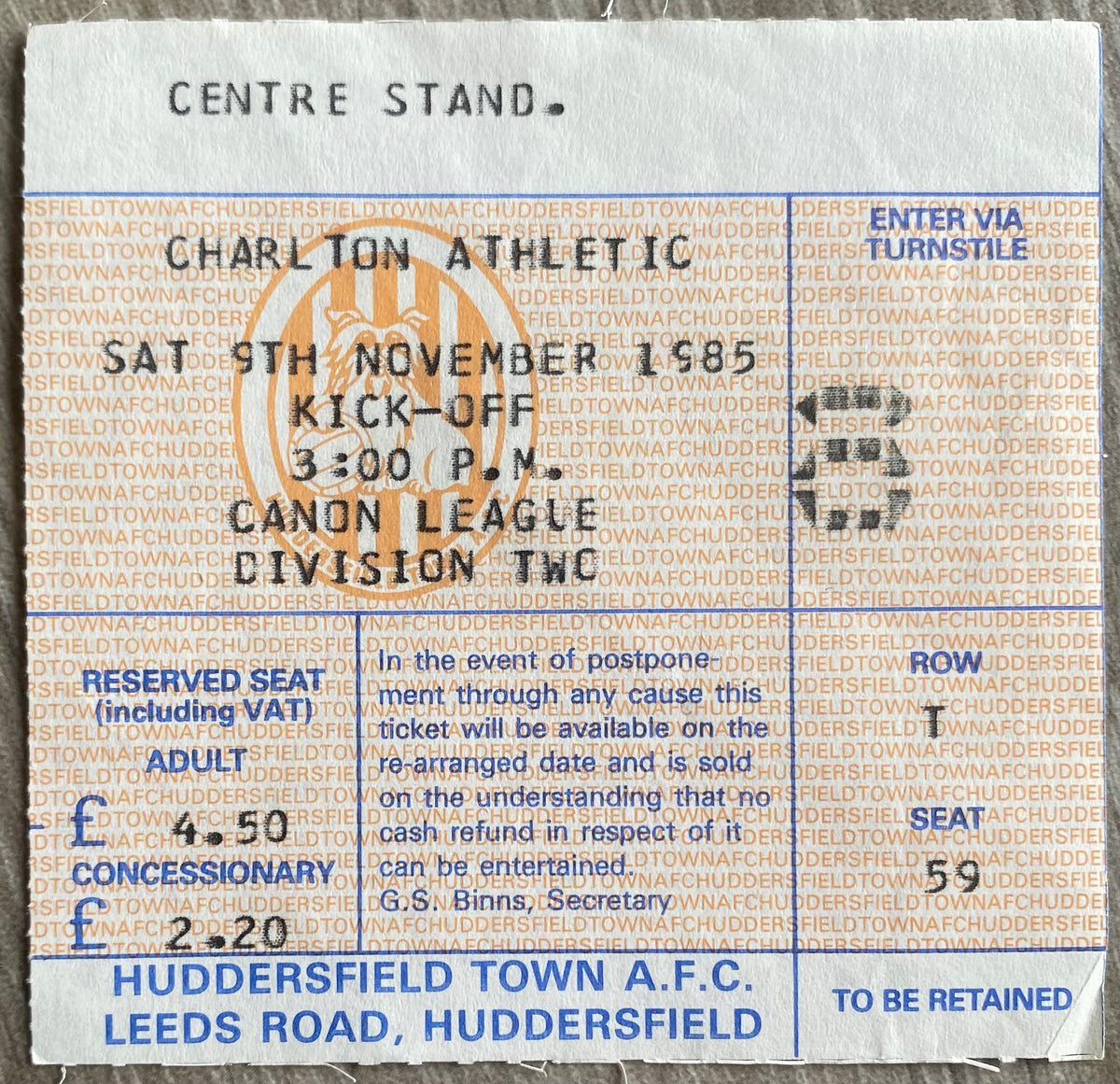 1985/86 ORIGINAL DIVISION TWO TICKET HUDDERSFIELD TOWN V CHARLTON ATHLETIC