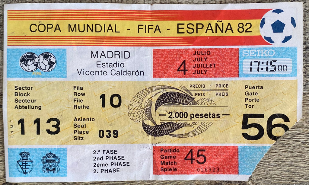1982 ORIGINAL WORLD CUP 2ND PHASE TICKET NORTHERN IRELAND V FRANCE @ MADRID