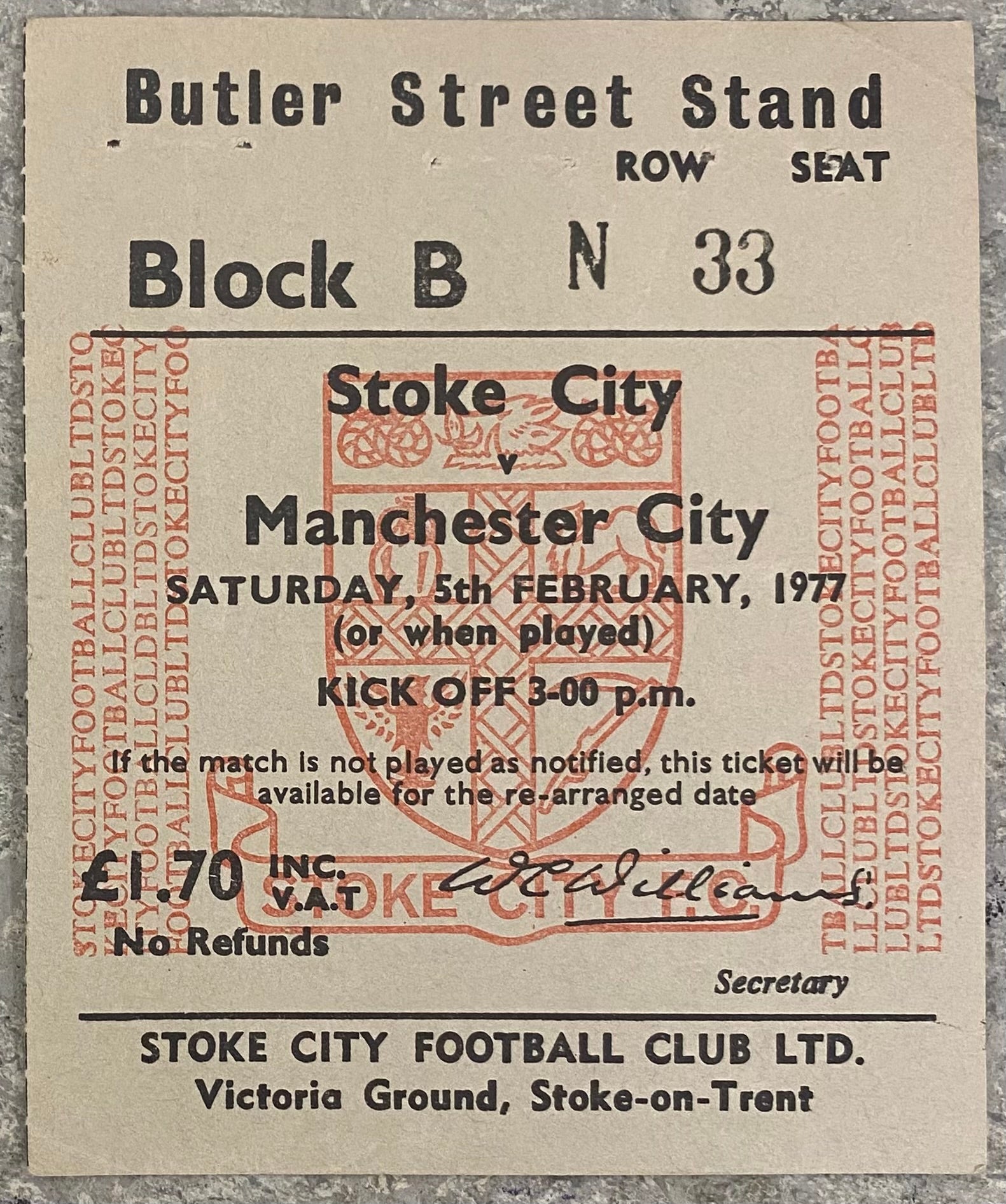 1976/77 ORIGINAL DIVISION ONE TICKET STOKE CITY V MANCHESTER CITY