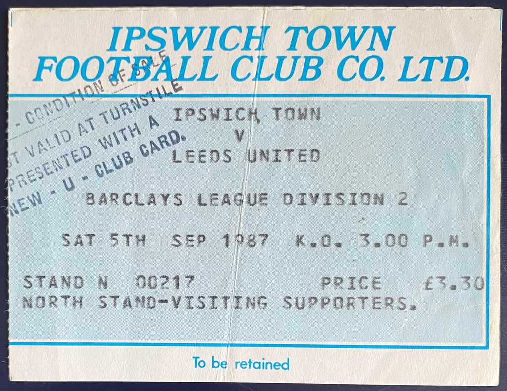 1987/88 ORIGINAL DIVISION 2 TICKET IPSWICH TOWN V LEEDS UNITED
