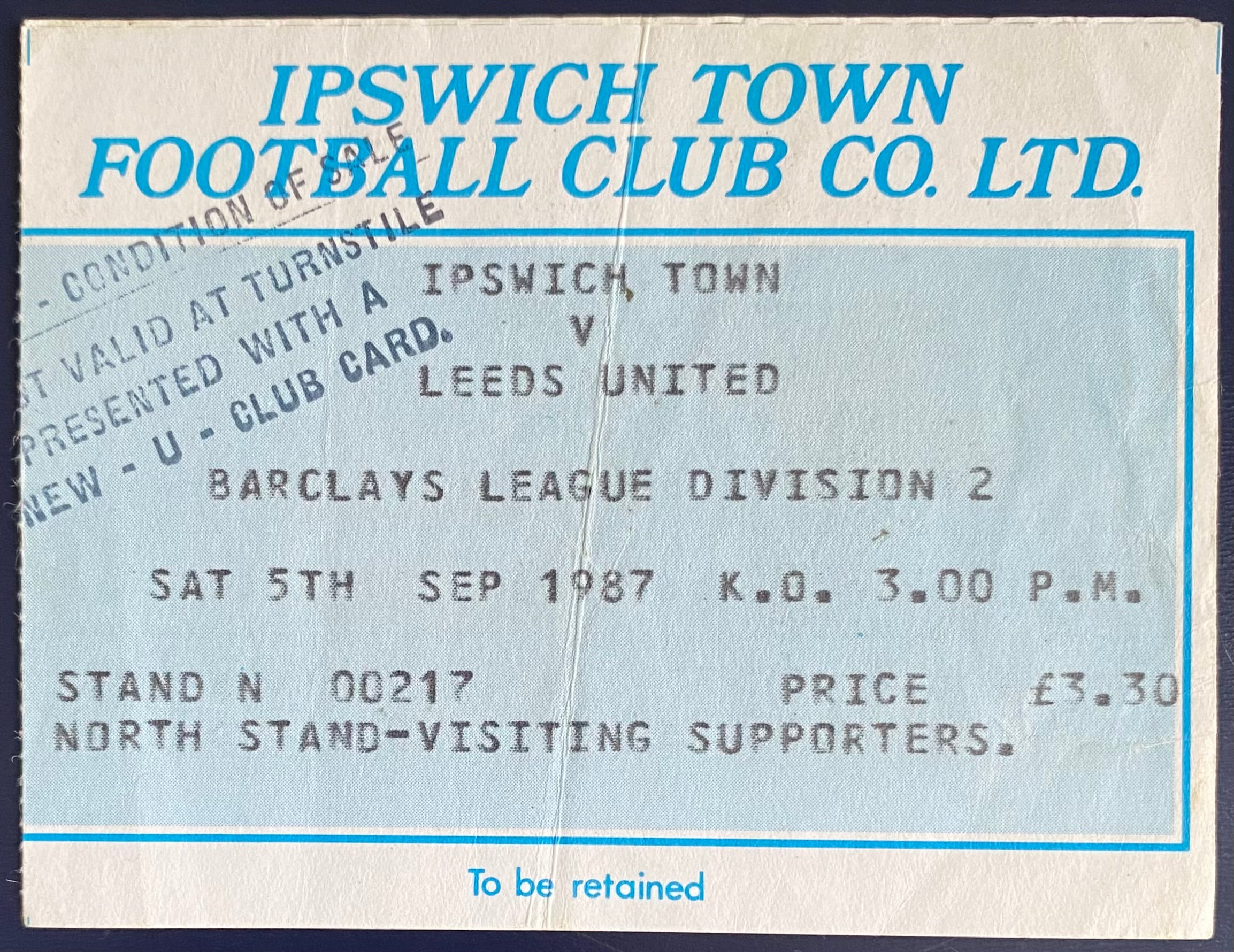 1987/88 ORIGINAL DIVISION 2 TICKET IPSWICH TOWN V LEEDS UNITED