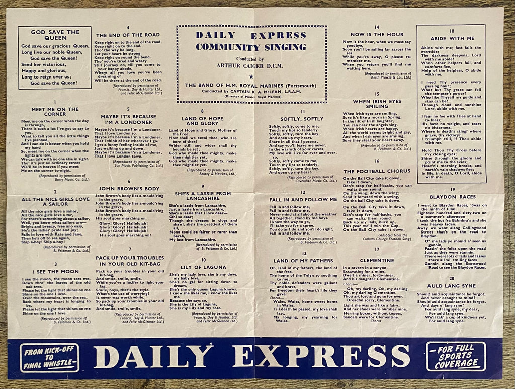 1956 ORIGINAL OFFICIAL FA CUP FINAL COMMUNITY SINGING SONG SHEET MANCHESTER CITY V BIRMINGHAM CITY