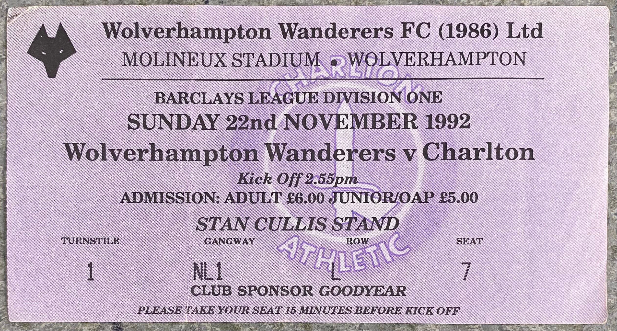 1992/93 ORIGINAL DIVISION 1 TICKET WOLVERHAMPTON WANDERERS V CHARLTON ATHLETIC