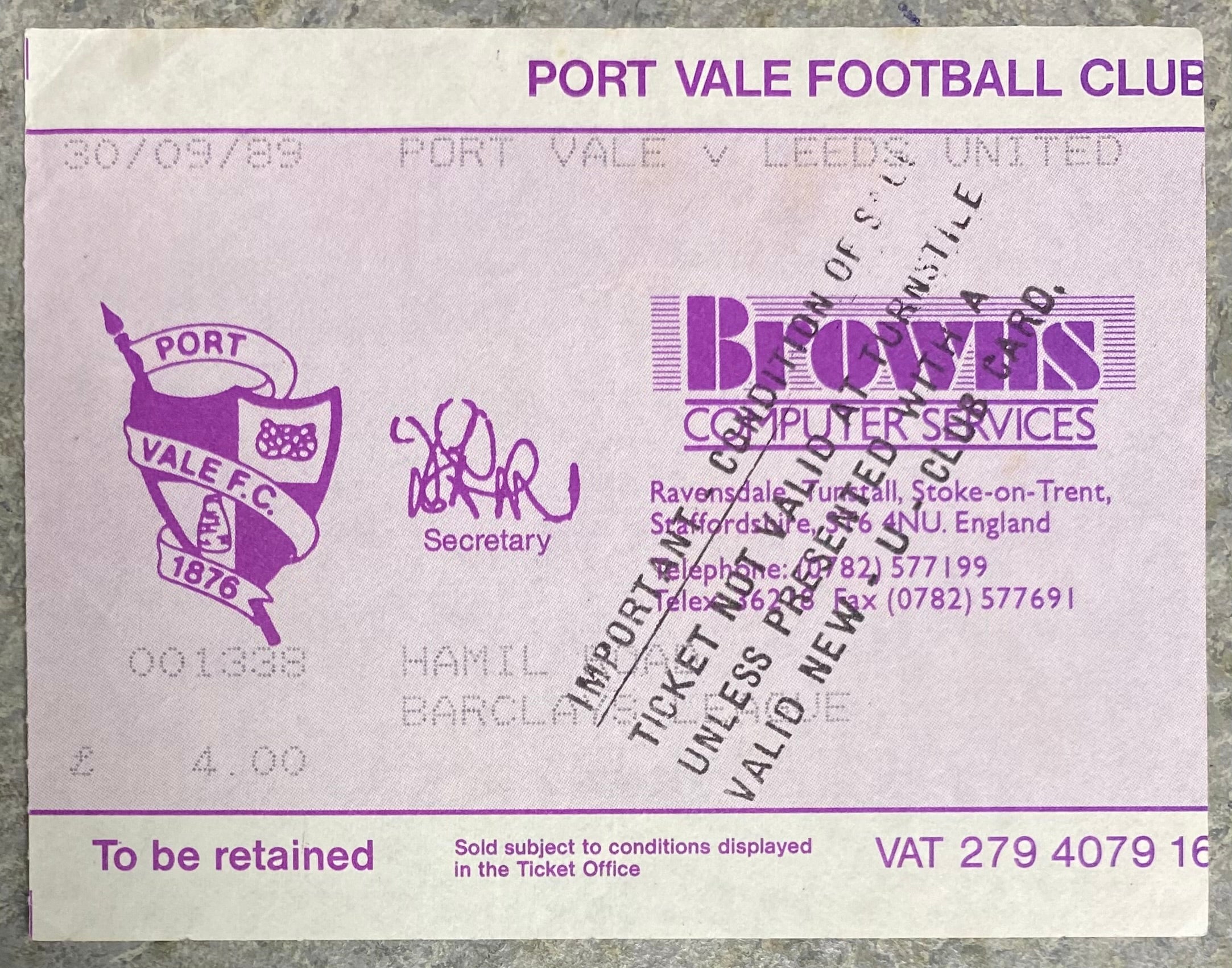 1989/90 ORIGINAL DIVISION TWO TICKET PORT VALE V LEEDS UNITED