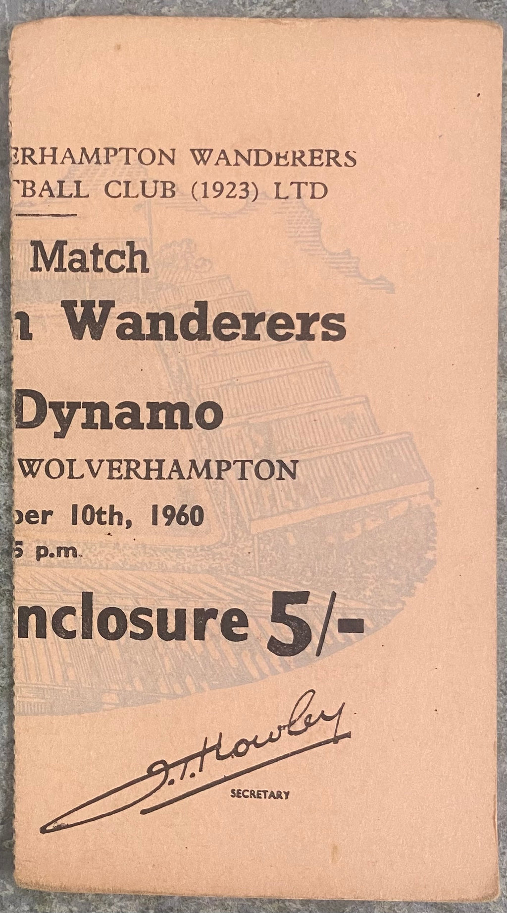 1960/61 ORIGINAL FRIENDLY TICKET WOLVERHAMPTON WANDERERS V DYNAMO TIBLISI
