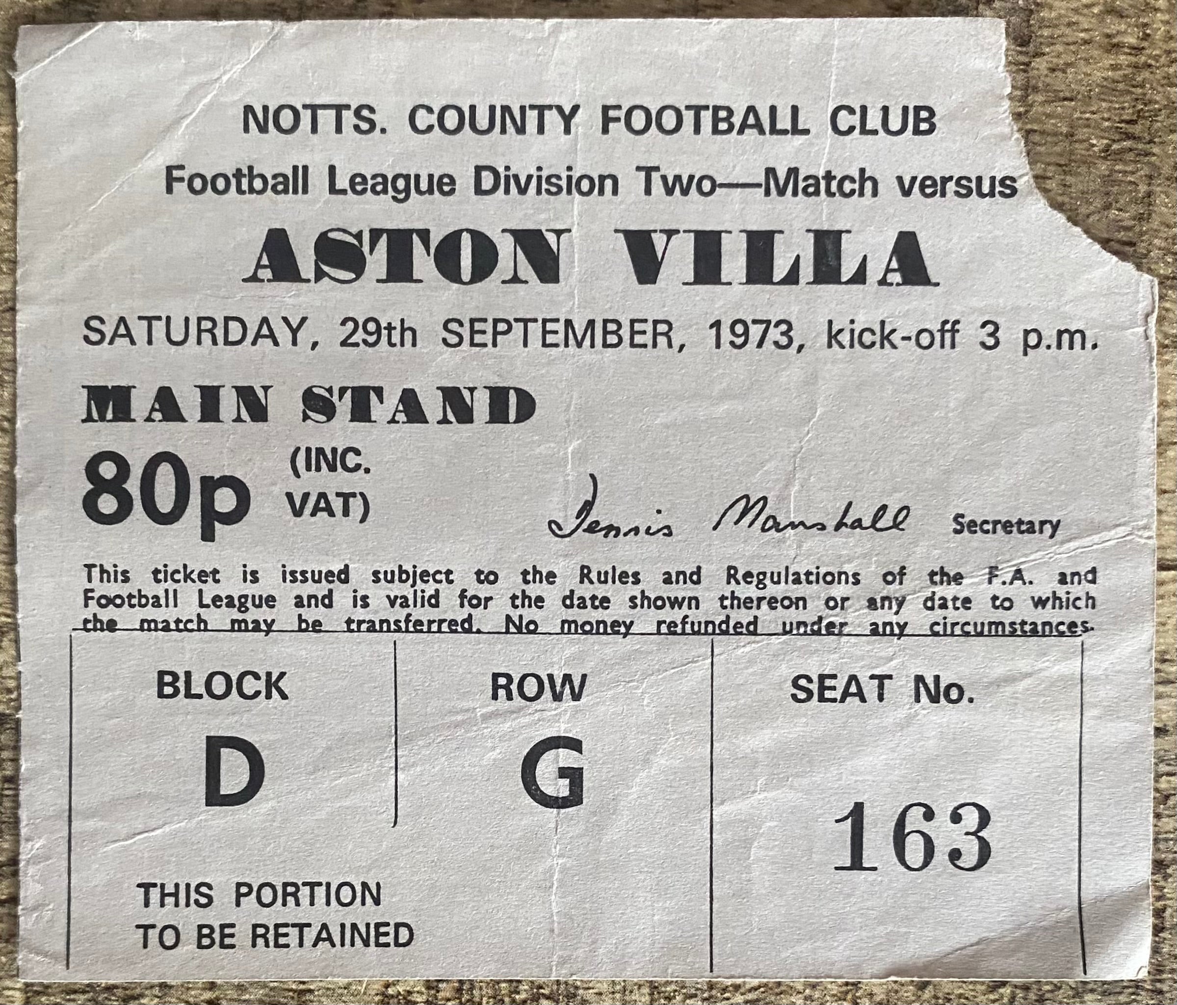 1973/74 ORIGINAL DIVISION 2 TICKET NOTTS COUNTY V ASTON VILLA