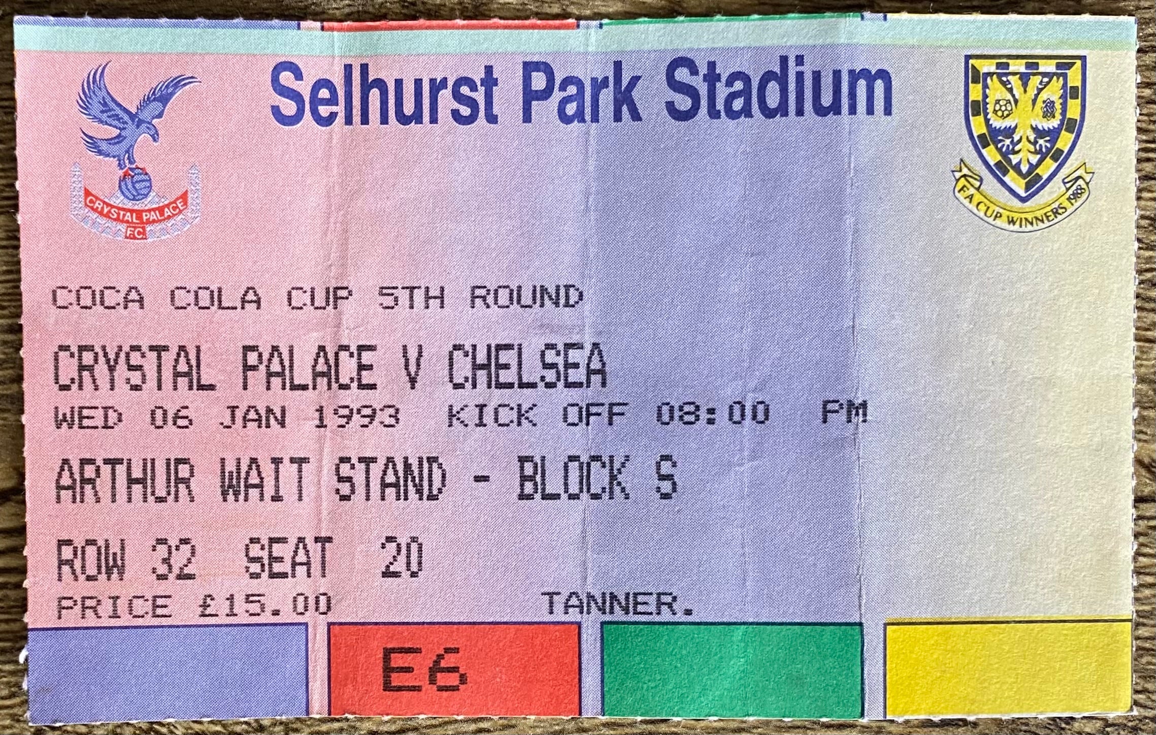 1992/93 ORIGINAL COCA COLA 5TH ROUND TICKET CRYSTAL PALACE V CHELSEA