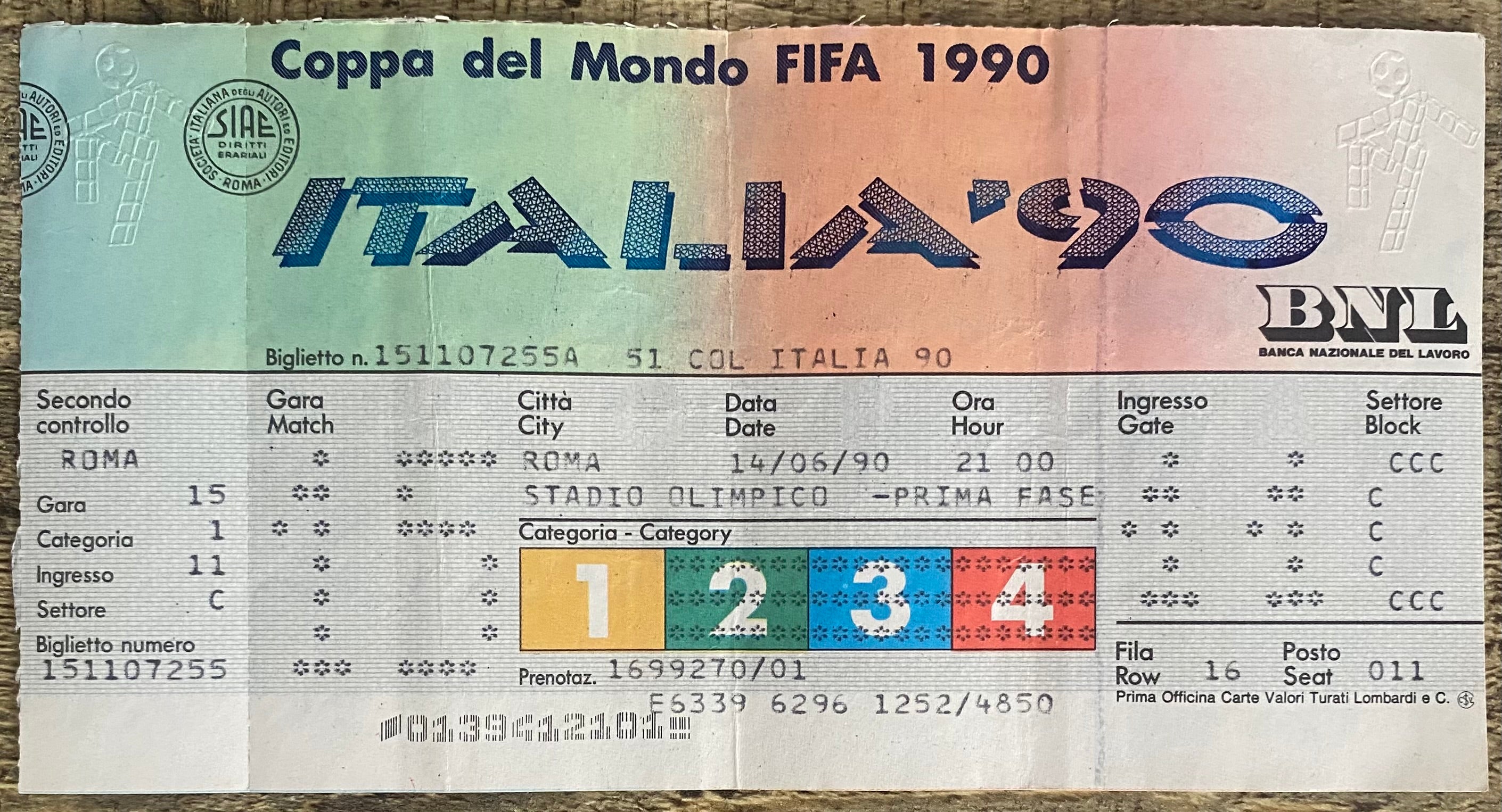 1990 ORIGINAL WORLD CUP 1ST ROUND UNUSED TICKET ITALY V UNITED STATES @ ROME