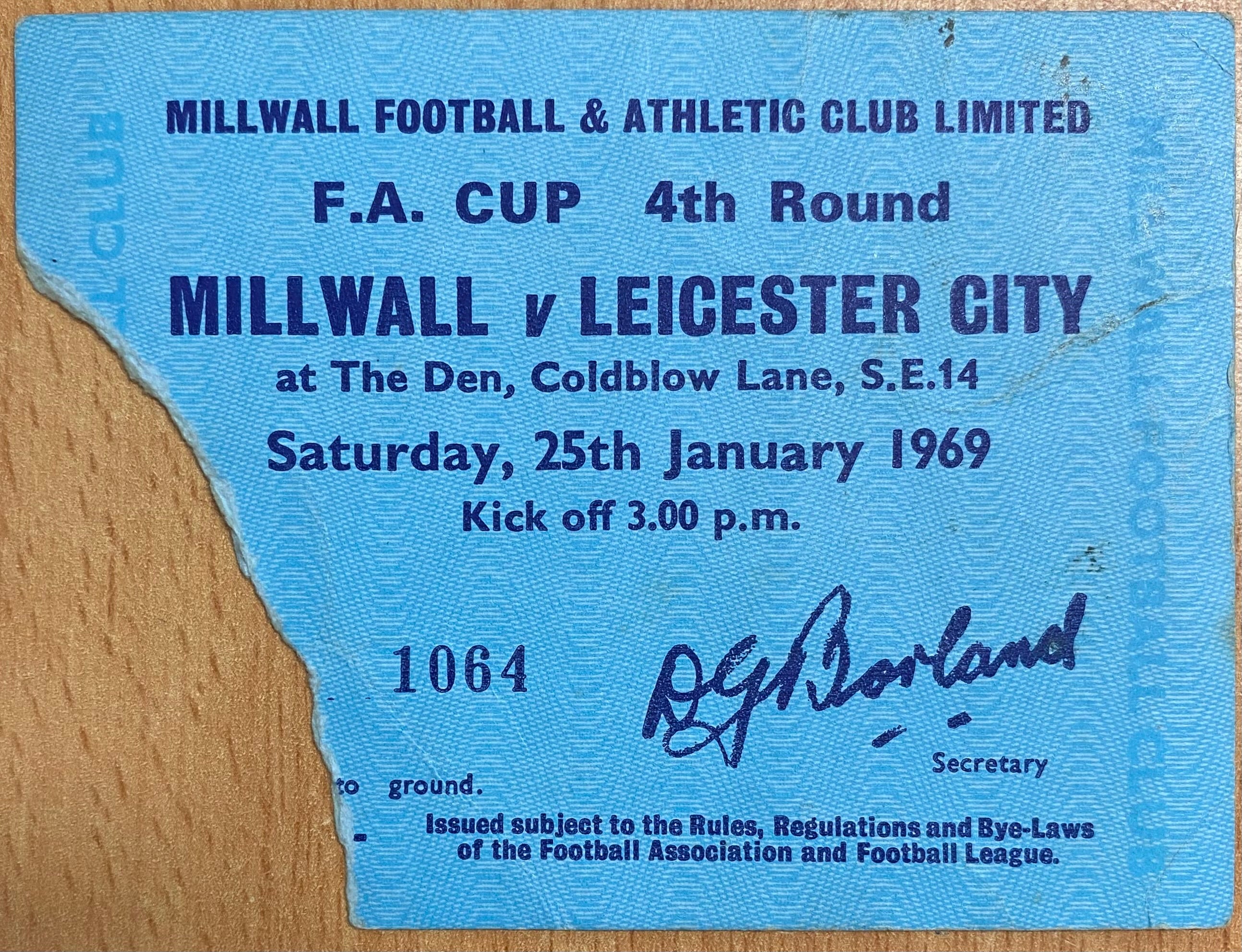 1968/69 ORIGINAL FA CUP 4TH ROUND TICKET MILLWALL V LEICESTER CITY