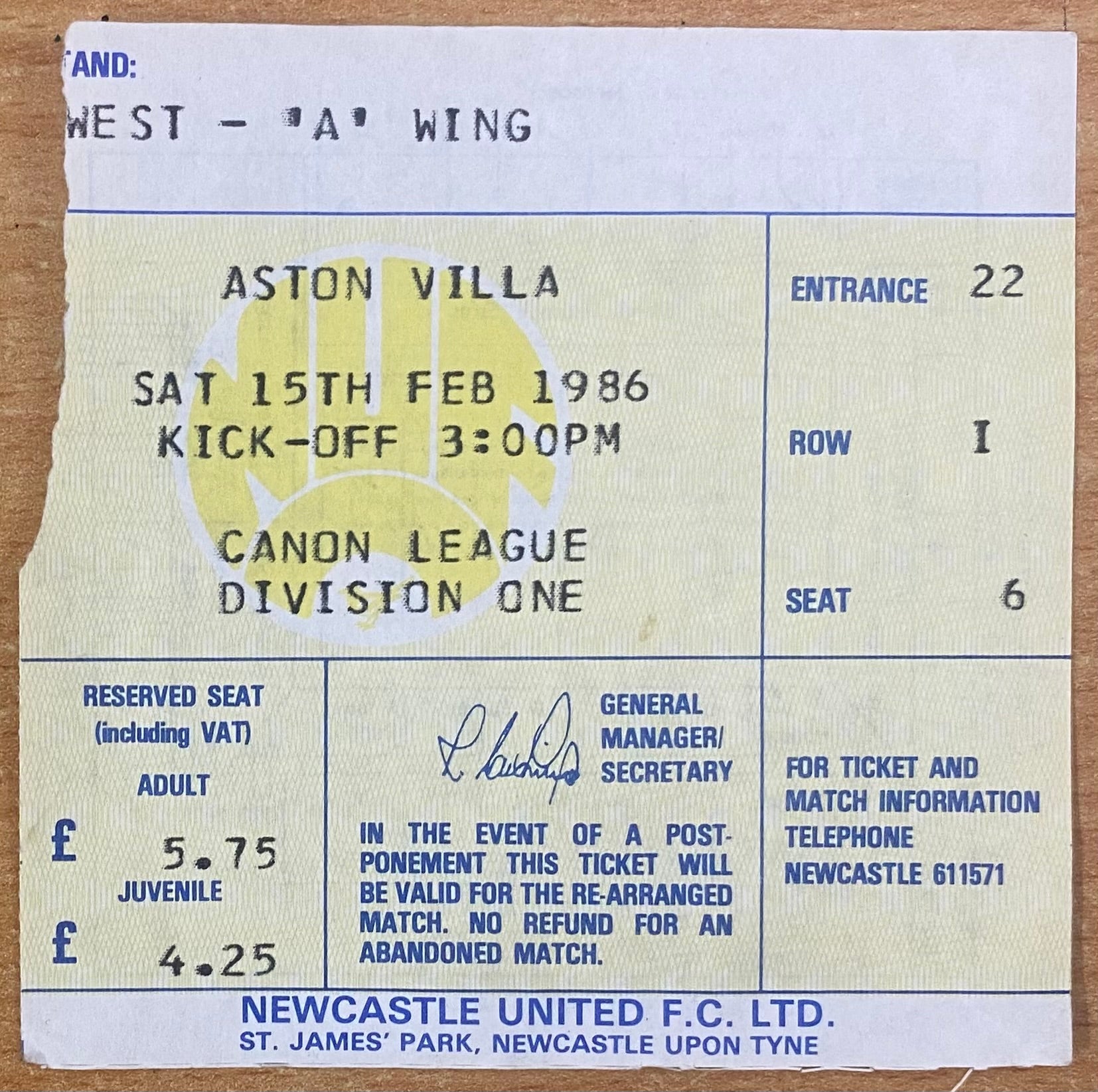 1985/86 ORIGINAL DIVISION 1 TICKET NEWCASTLE UNITED V ASTON VILLA