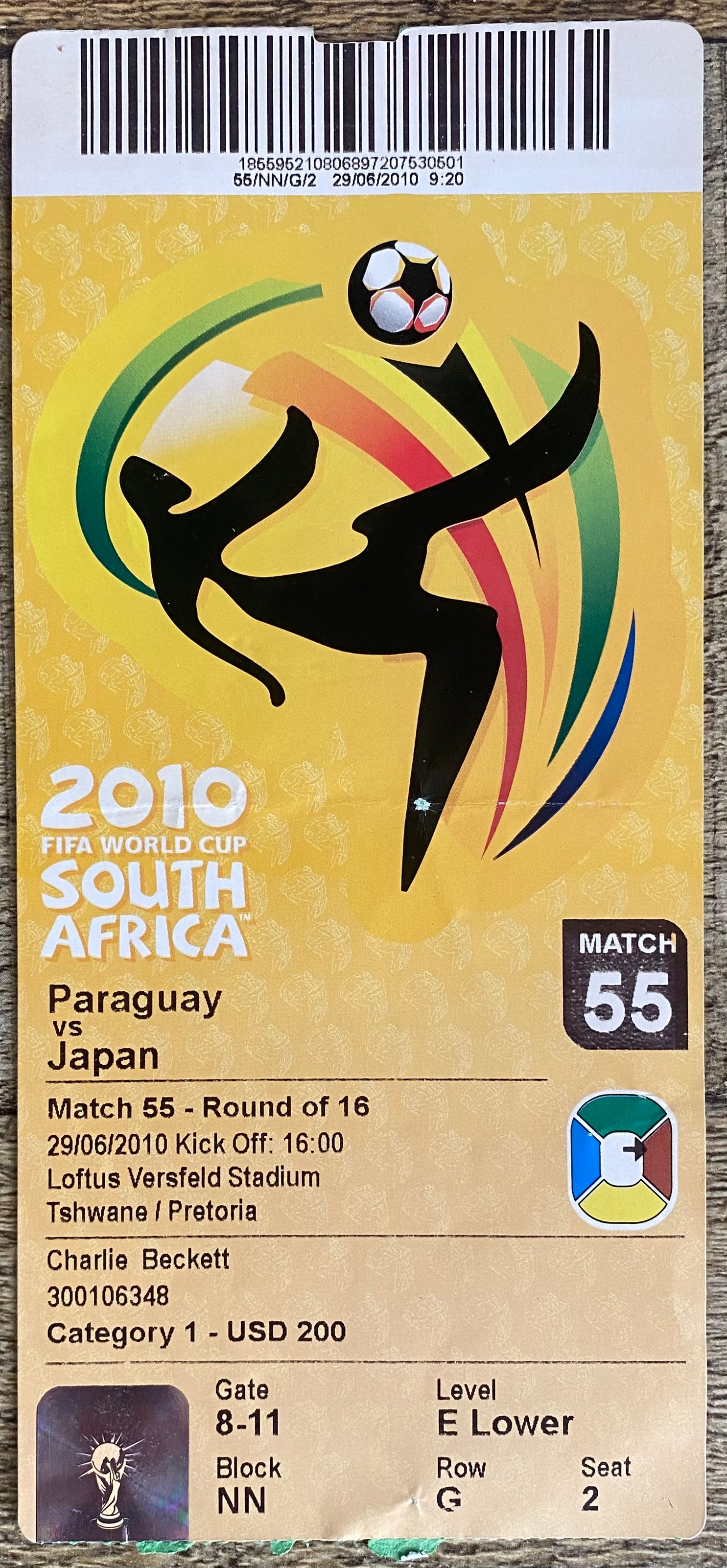 2010 ORIGINAL WORLD CUP 1ST ROUND TICKET PARAGUAY V JAPAN @ PRETORIA