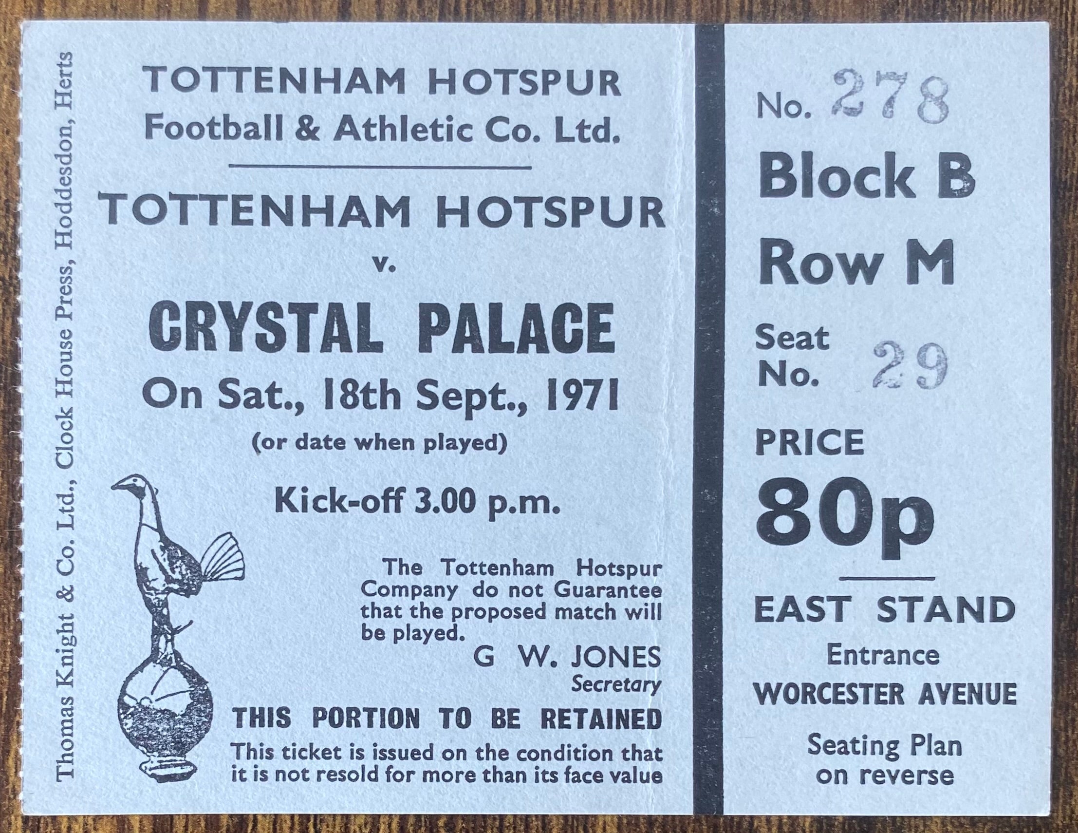 1971/72 ORIGINAL DIVISION ONE TICKET TOTTENHAM HOTSPUR V CRYSTAL PALACE