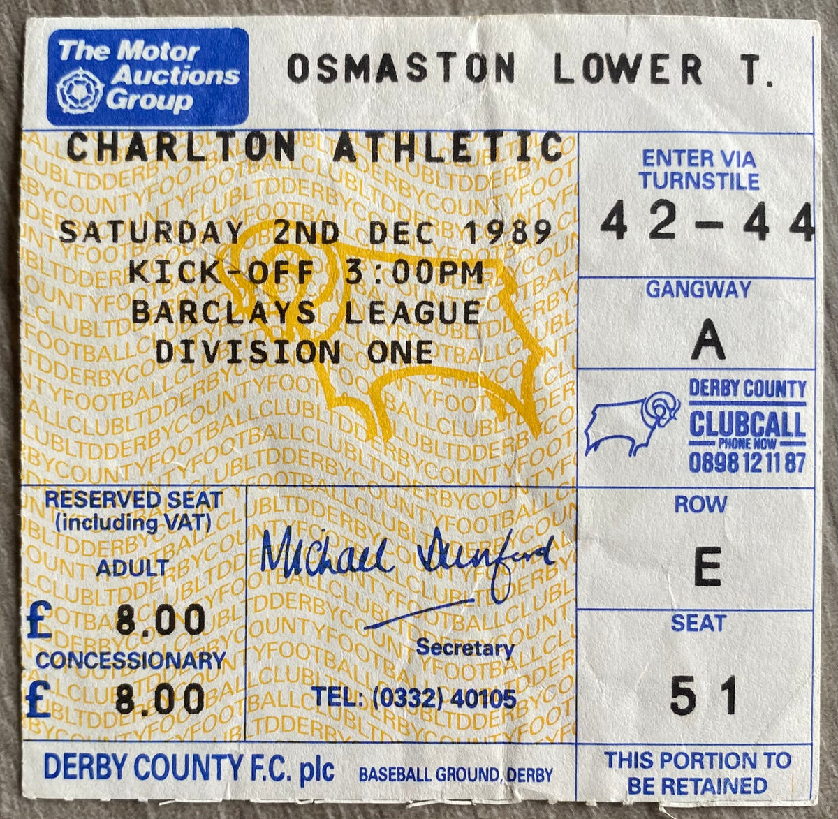 1989/90 ORIGINAL DIVISION 1 TICKET DERBY COUNTY V CHARLTON ATHLETIC