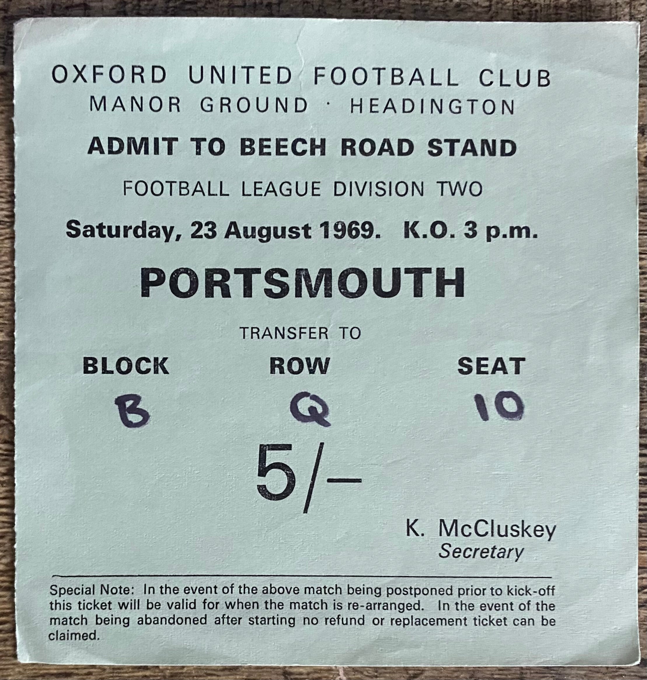 1969/70 ORIGINAL DIVISION 2 TICKET OXFORD UNITED V PORTSMOUTH