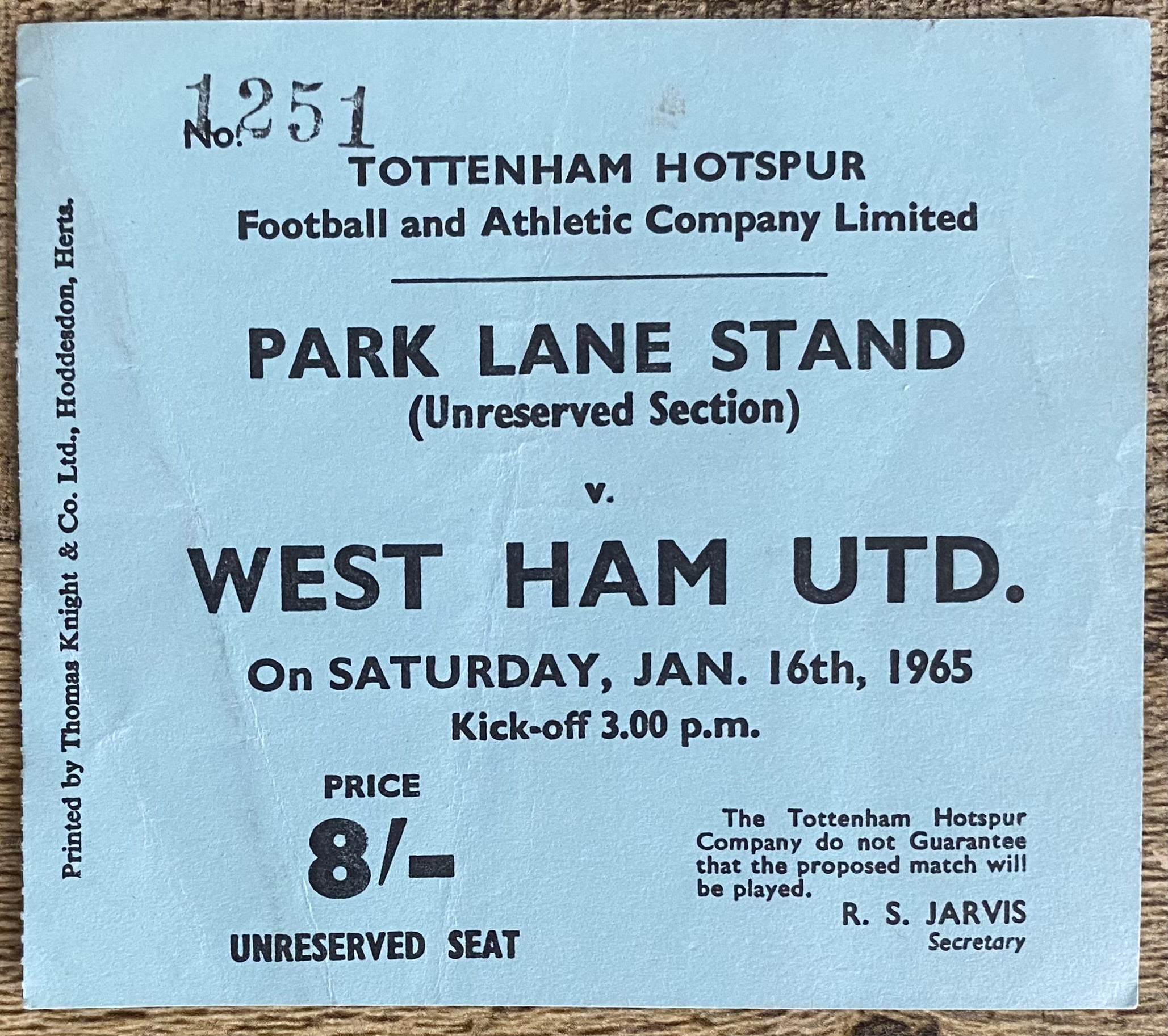 1964/65 ORIGINAL DIVISION ONE TICKET TOTTENHAM HOTSPUR V WEST HAM UNITED