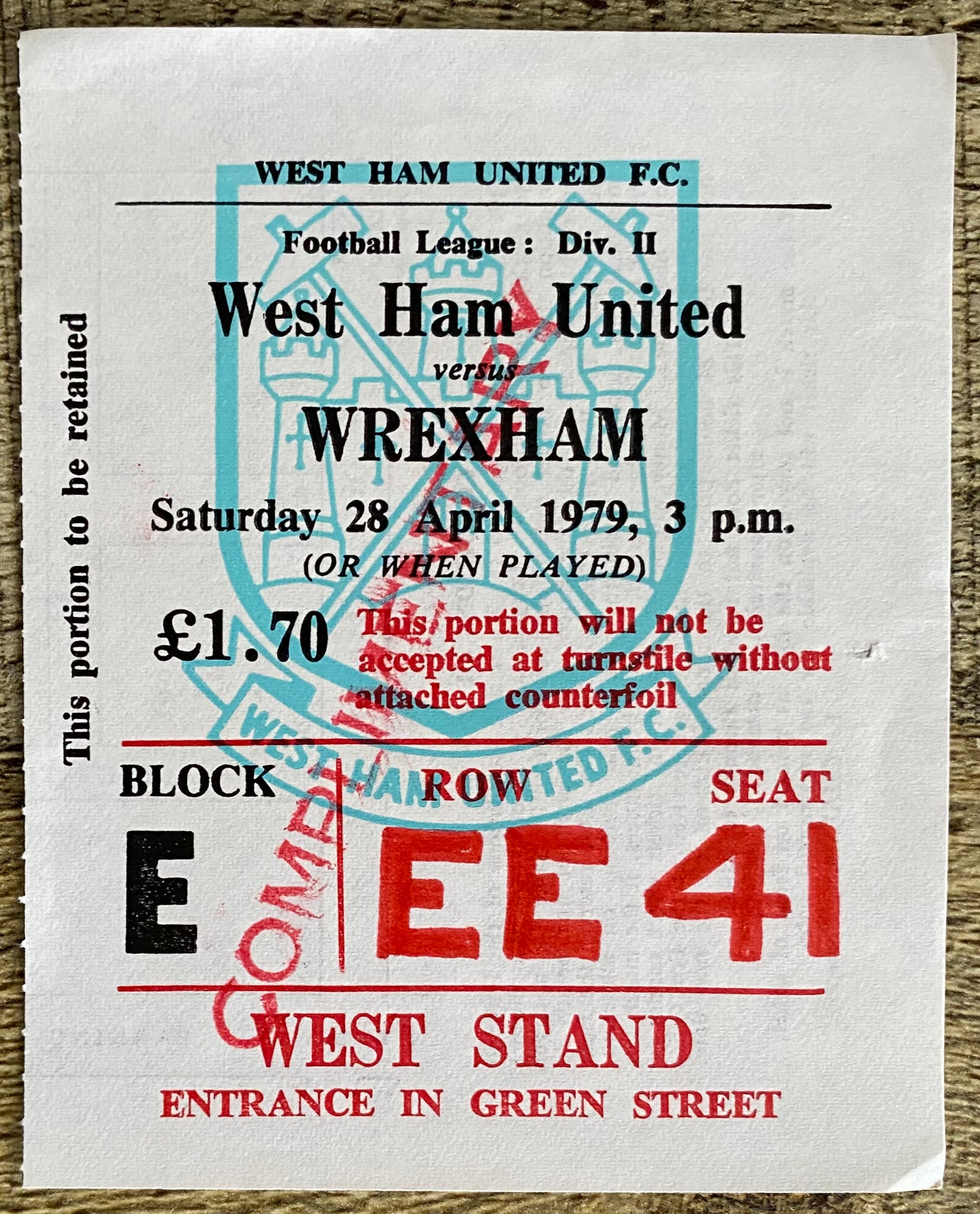1978/79 ORIGINAL DIVISION 2 TICKET WEST HAM UNITED V WREXHAM