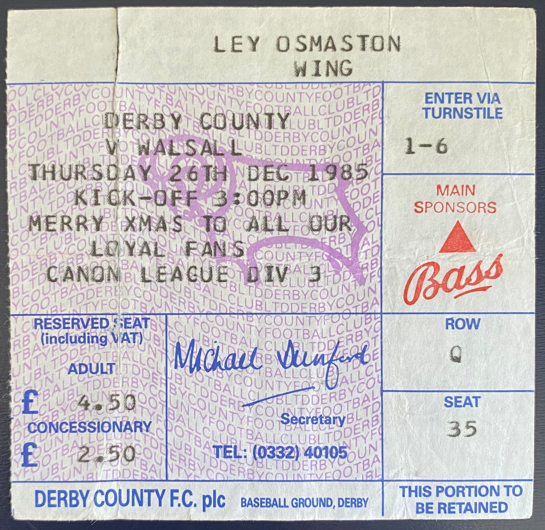 1985/86 ORIGINAL DIVISION 3 TICKET DERBY COUNTY V WALSALL