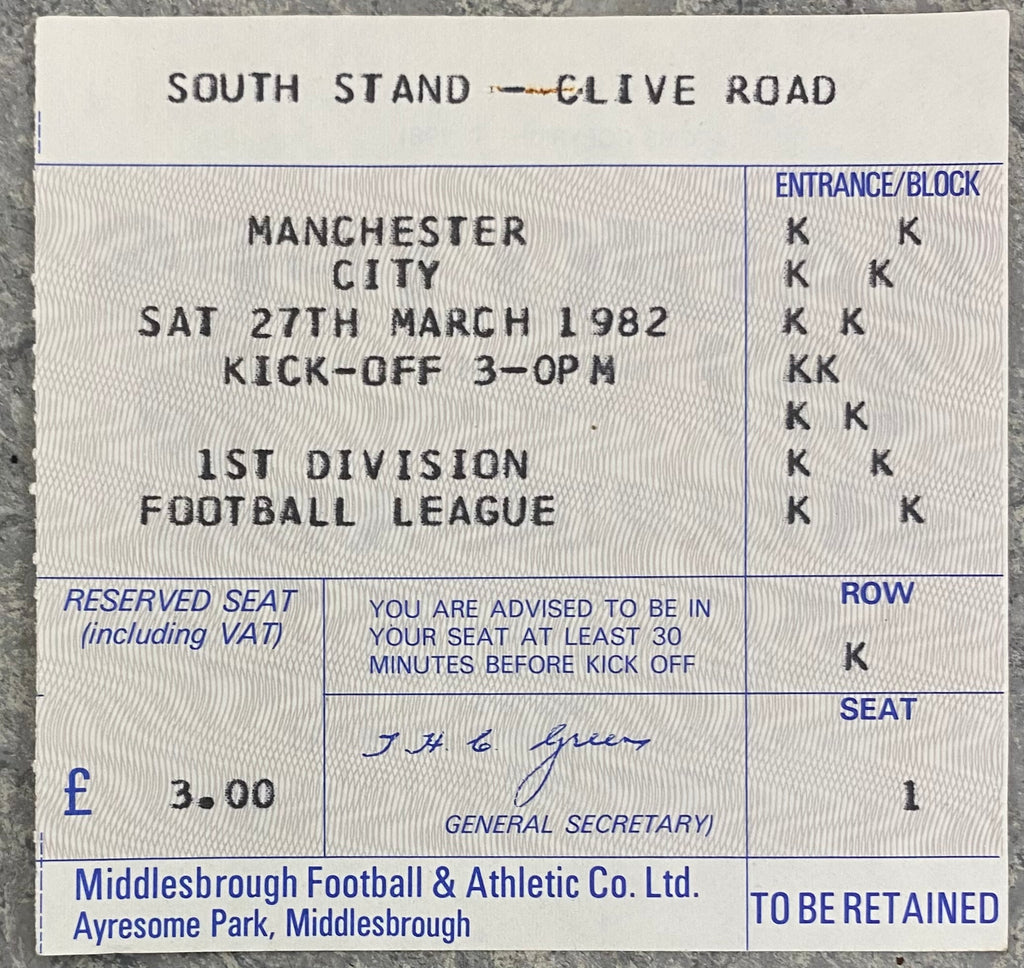 1981/82 ORIGINAL DIVISION 2 TICKET MIDDLESBROUGH V MANCHESTER CITY