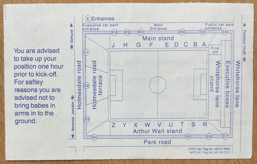 1993/94 ORIGINAL DIVISION 1 TICKET CRYSTAL PALACE V SUNDERLAND