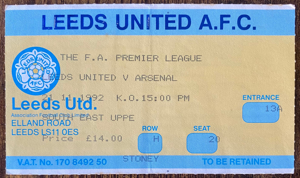 1992/93 ORIGINAL PREMIER LEAGUE TICKET LEEDS UNITED V ARSENAL