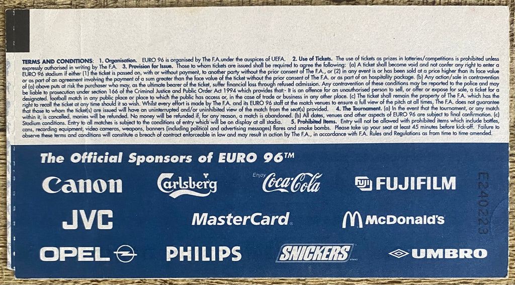 1996 ORIGINAL EUROPEAN CHAMPIONSHIPS EURO 96 QUARTER FINAL TICKET FRANCE V NETHERLANDS @ ANFIELD