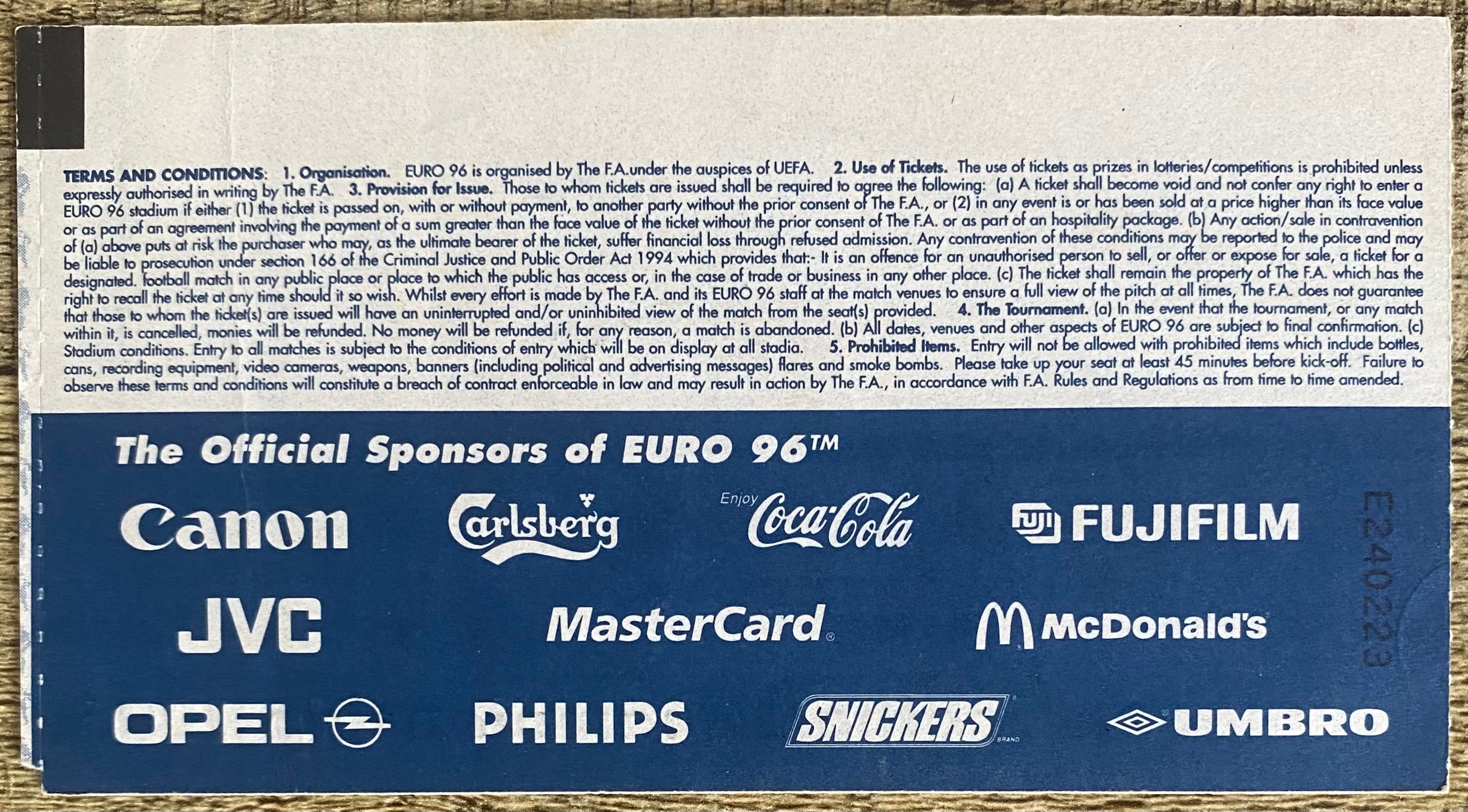 1996 ORIGINAL EUROPEAN CHAMPIONSHIPS EURO 96 QUARTER FINAL TICKET FRANCE V NETHERLANDS @ ANFIELD