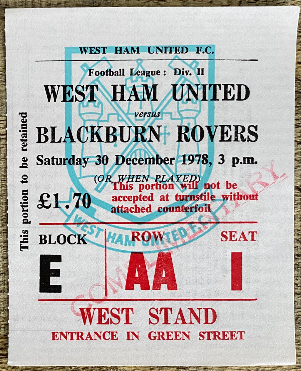 1978/79 ORIGINAL DIVISION 2 TICKET WEST HAM UNITED V BLACKBURN ROVERS