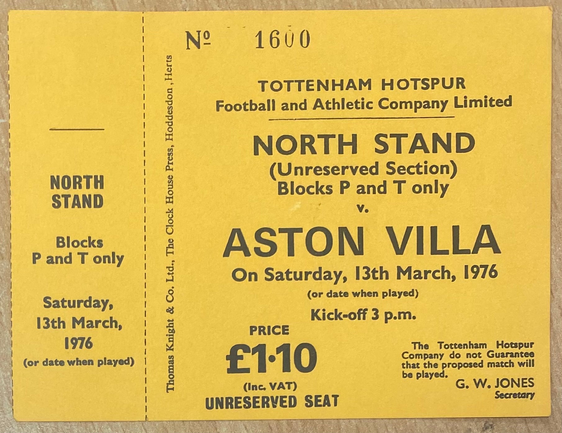 1975/76 ORIGINAL DIVISION ONE UNUSED TICKET TOTTENHAM HOTSPUR V ASTON VILLA