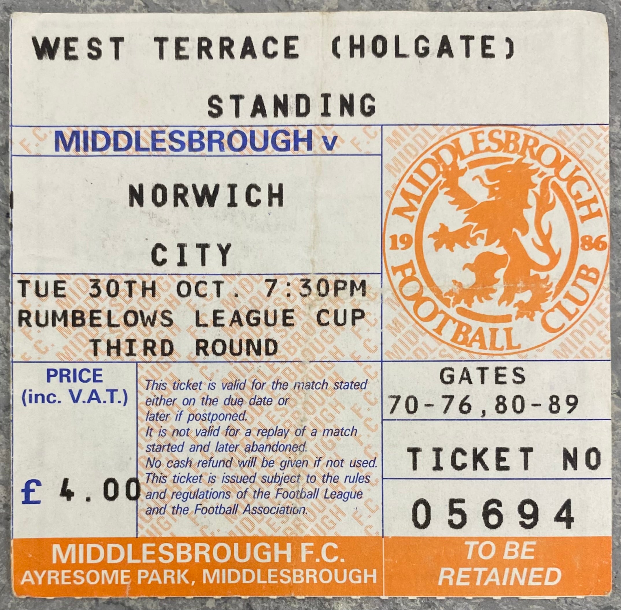 1990/91 ORIGINAL RUMBELOWS CUP 3RD ROUND TICKET MIDDLESBROUGH V NORWICH CITY