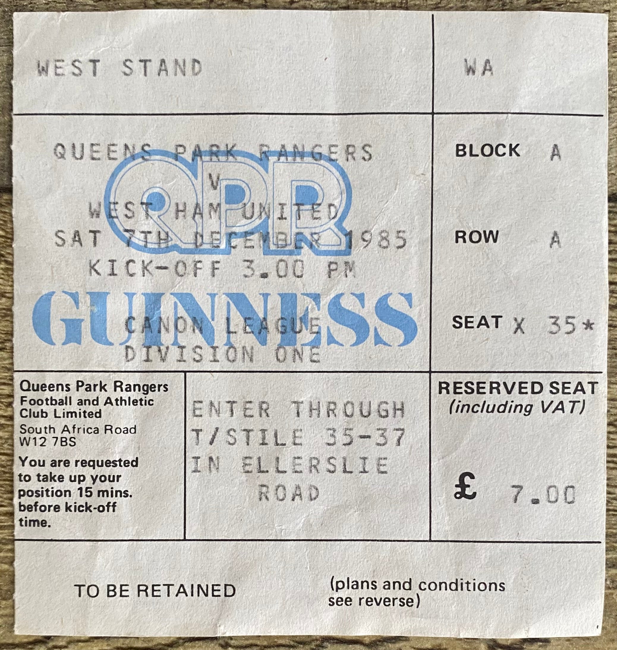 1985/86  ORIGINAL DIVISION ONE TICKET QUEENS PARK RANGERS V WEST HAM UNITED