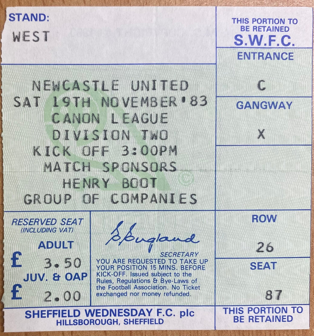 1983/84 ORIGINAL DIVISION 2 TICKET SHEFFIELD WEDNESDAY V NEWCASTLE UNITED