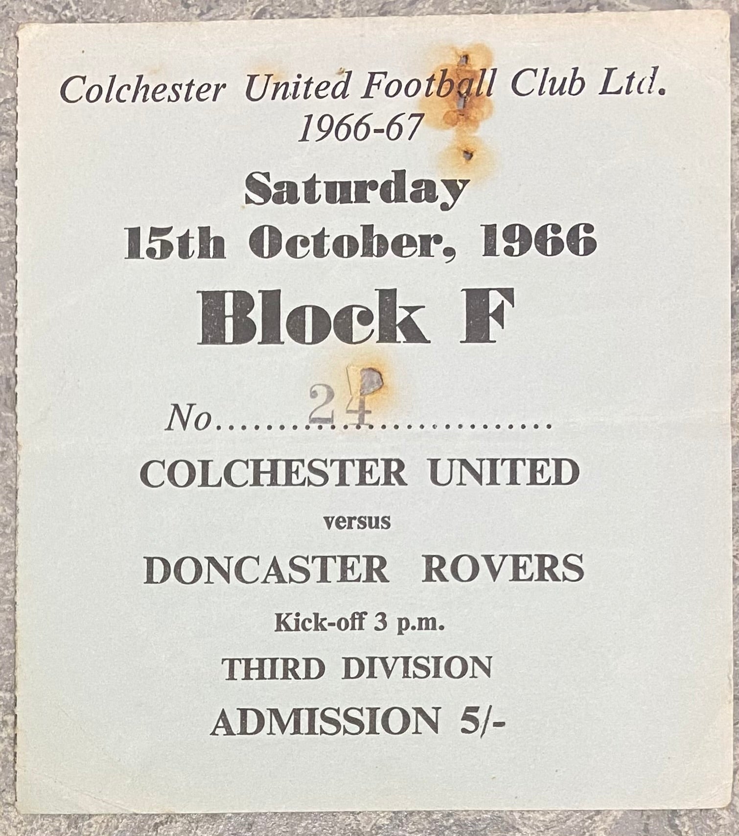 1966/67 ORIGINAL DIVISION 3 TICKET COLCHESTER UNITED V DONCASTER ROVERS