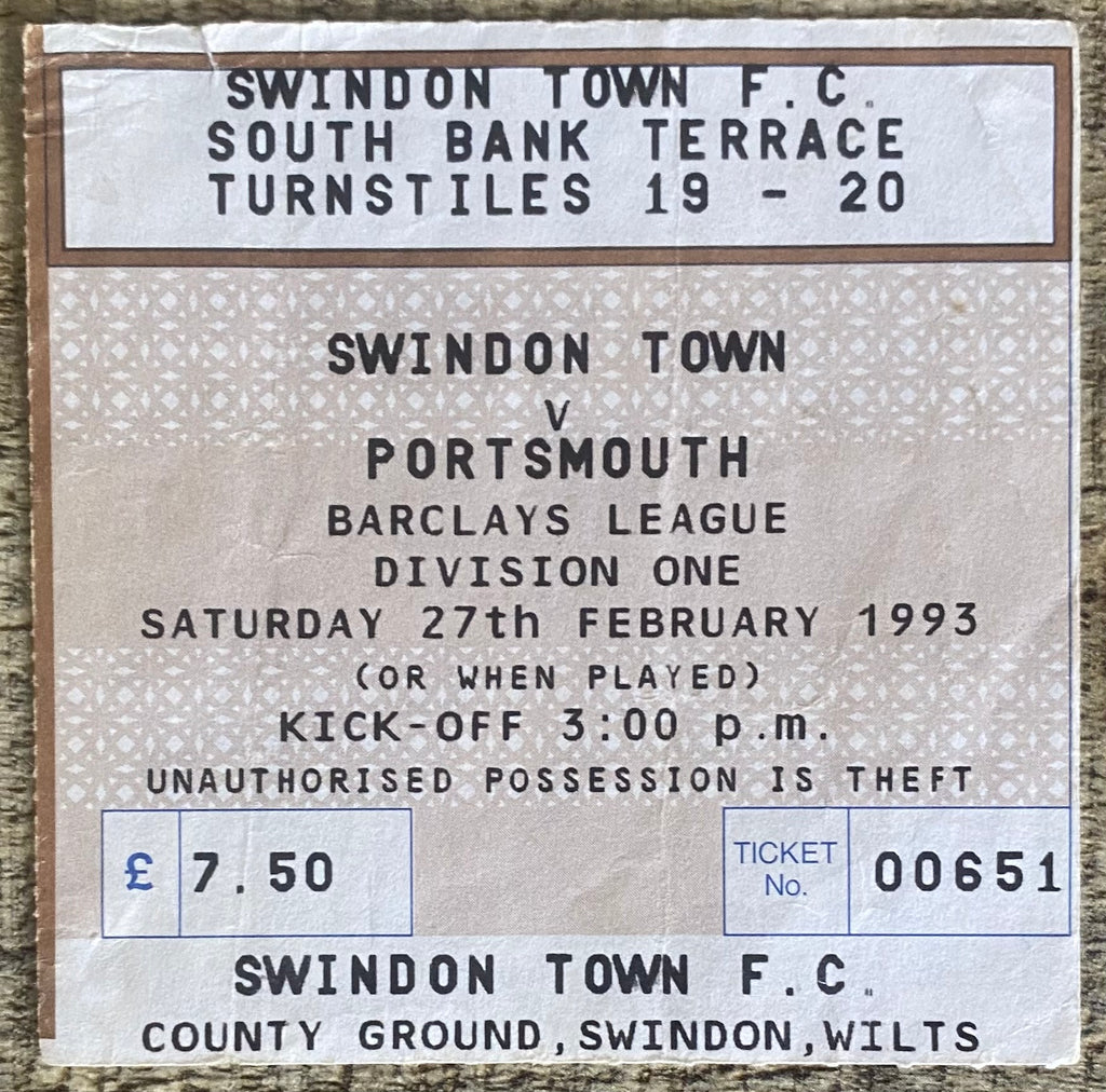 1992/93 ORIGINAL DIVISION 1 TICKET SWINDON TOWN V PORTSMOUTH